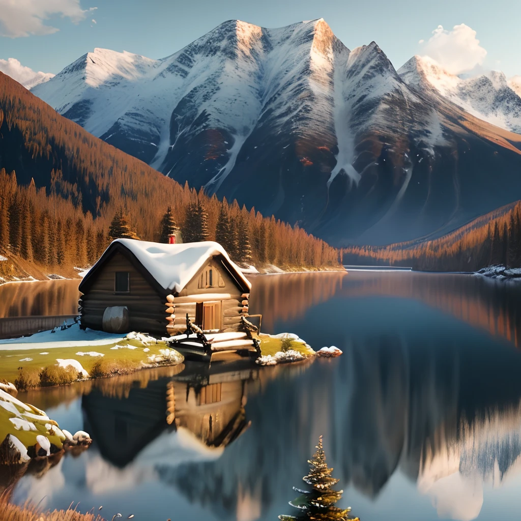 Landscape of a lake and small cabin