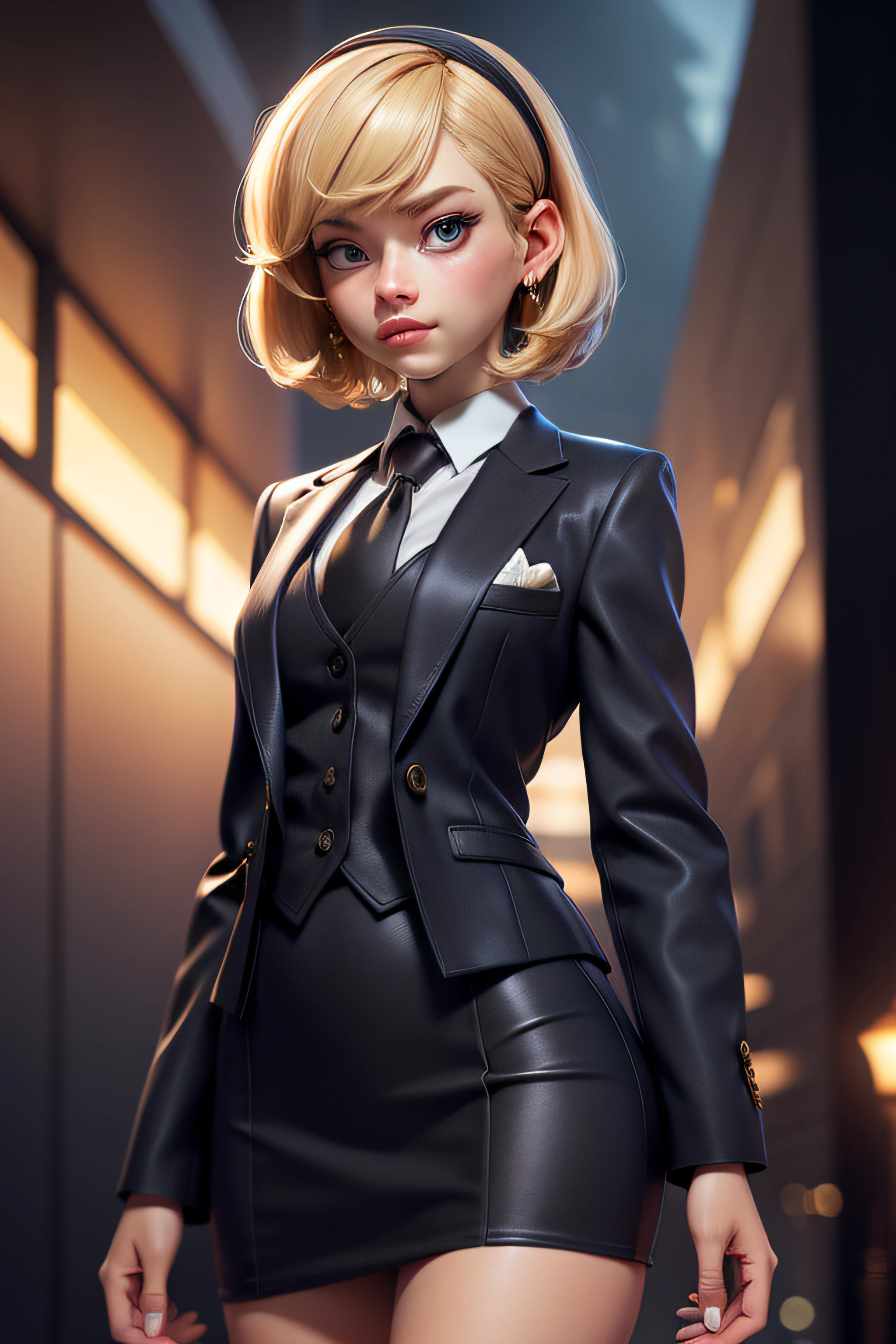 3dmm style,(masterpiece, top quality, best quality, official art, beautiful and aesthetic:1.2), (fractal art:1.3), 1girl, beautiful, high detailed, blonde hair, bobcut hair, hairband, dark lighting, serious face, looking the sky, sky, medium shot, skirt suit, (((dark three-piece suit))), dress shirt, necktie, blazer, suit jacket, waistcoat, bodycon skirt, jewelry