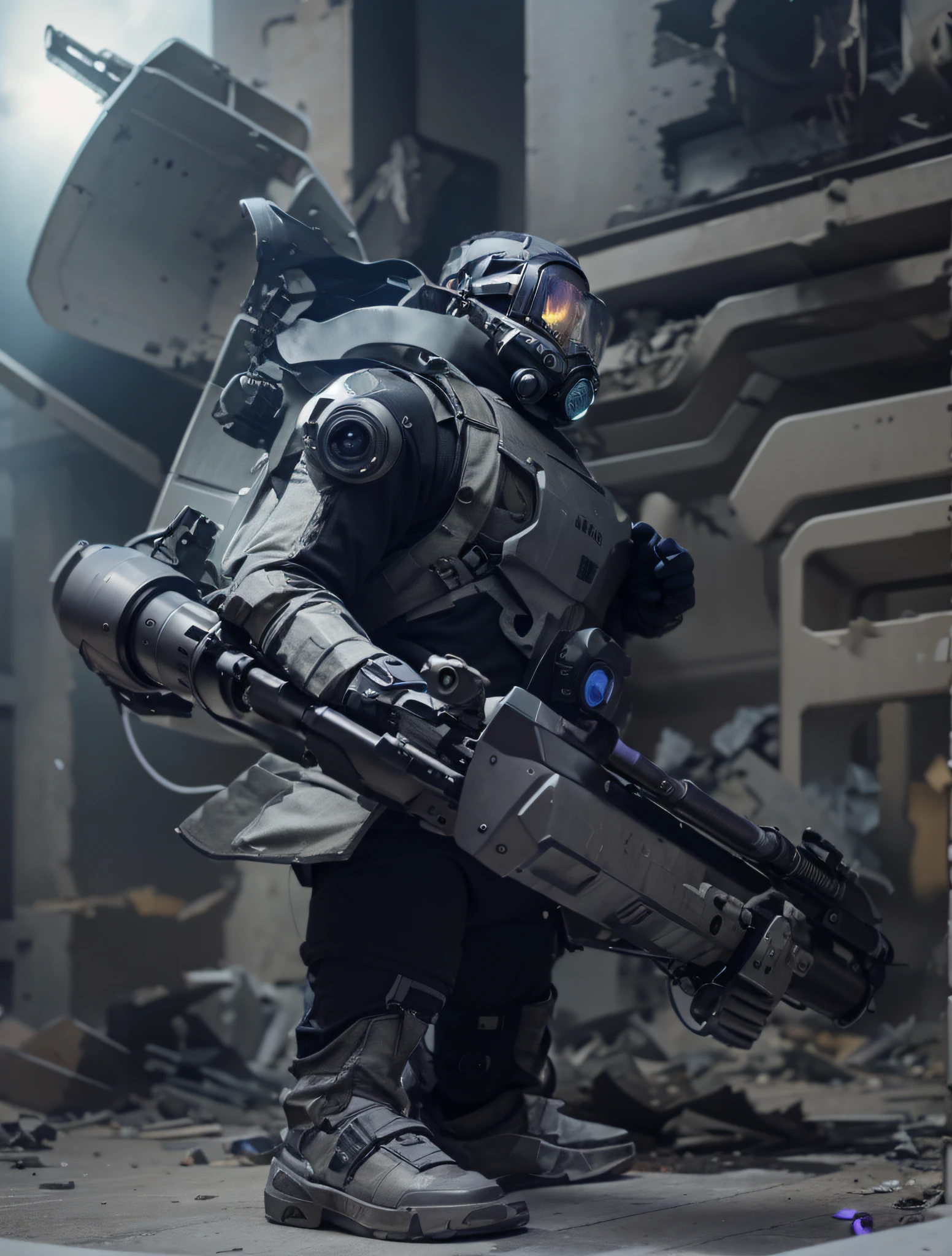 male soldier in modern semi-space suit gray modern gas mask, cyborg night vision lens purple glass turbines on the back, weapon with harpoon, he is in a destroyed city in flames, ultra realistic, Ultra detailed, Hyper realistic, 4k, Ultra detailed image, realistic, Highly detailed, perfect composition, beautiful intricately detailed incredibly detailed, 8K fine art photography, hyper detailed, Masterpiece