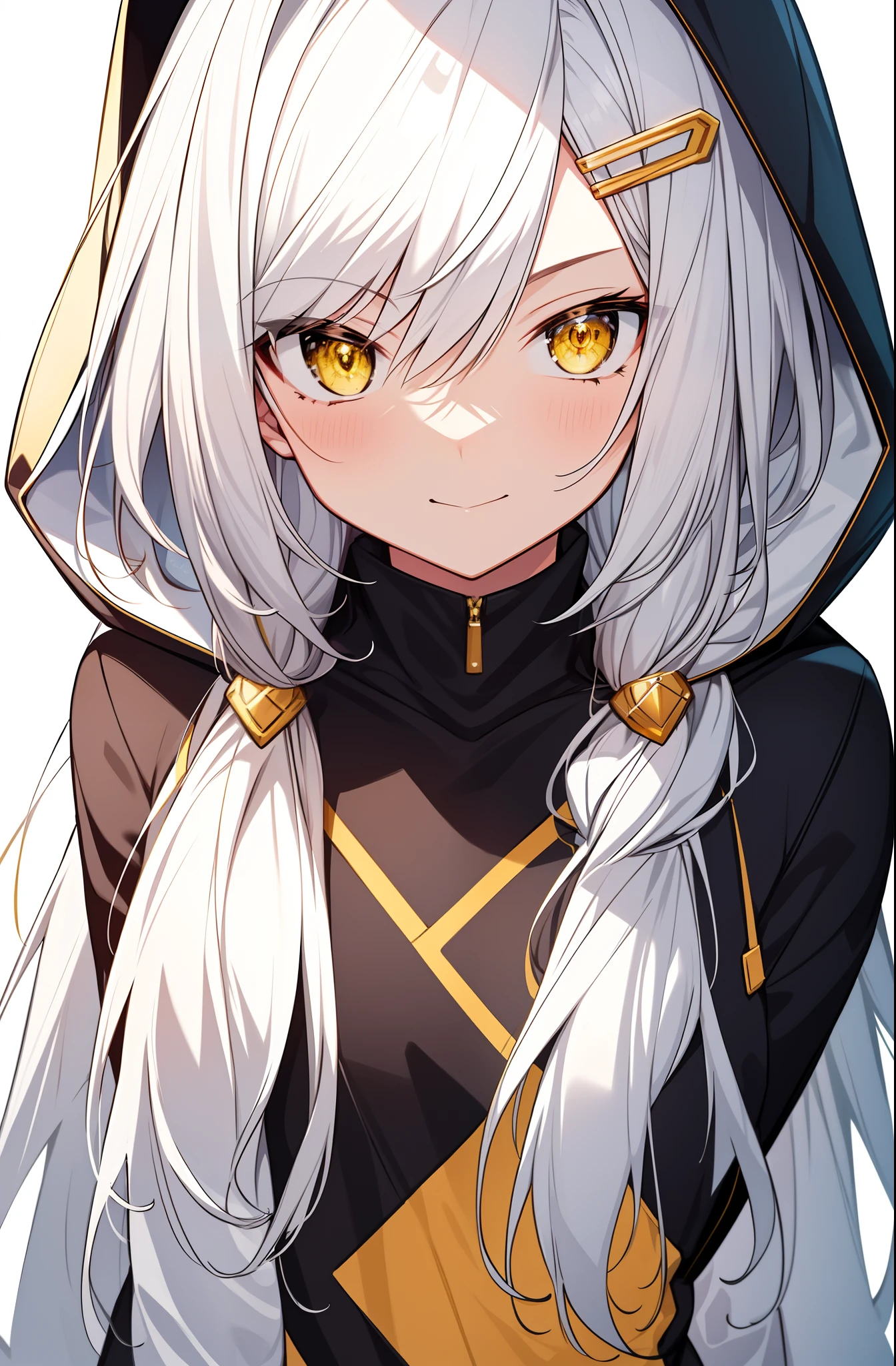 Top Quality, Masterpiece, High Resolution, 8k, Hoodie and Anime Style Girl, One Girl, Detailed Line Art, Bright White and Bright Amber Style, Digital Enhancement, Close Up, Anime Core, long white hair, yellow eyes,