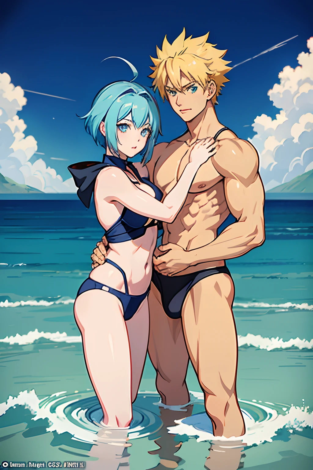 anime couple hugging on the beach with ocean in background, artgerm and genzoman, at the beach, high quality fanart, muscular!!, nick silva and ilya kuvshinov, by Kentaro Miura, in the beach, commission for high res, frank franzzeta and sakimichan, hd artwork, by Eizan Kikukawa. Naruto Uzumaki, Yuki Nonoka (Blue hair, yellow hair, short hair, ahoge), underwear, naked, NSFW, (((masterpiece, best quality, Photo realistic))), (shiny skin), (UHD, 8K wallpaper, High resolution), Perfect anatomy, Cinematic lighting, physically-based rendering, award-winning, extremely detailed skin, extra detailed face, eyes with beautiful details, Carl Zeiss 85 mm F/1.4, (1 man and 1 girl, couple:1.5), {Women in close contact with men} ((only 1female 1male)), height difference (tall man, average height woman), (shirtless man, athletic build), (hourglass figure, big butt, medium breast), anime girl with blue hair, anime moe artstyle, kantai collection style, 2 d anime style, anime girl with teal hair, ayanami, short blue haired woman, official character art, gapmoe, rogue anime girl ayanami rei, digital art from danganronpaa, shirtless body and no shirt, muscular!!, from naruto, naruto uzumaki, naruto artstyle, male anime character, muscular!, muscular!!!, anime man, anime style character, most strongest pose, super sayan, muscular character, best anime character design, tall anime guy with blue eyes,