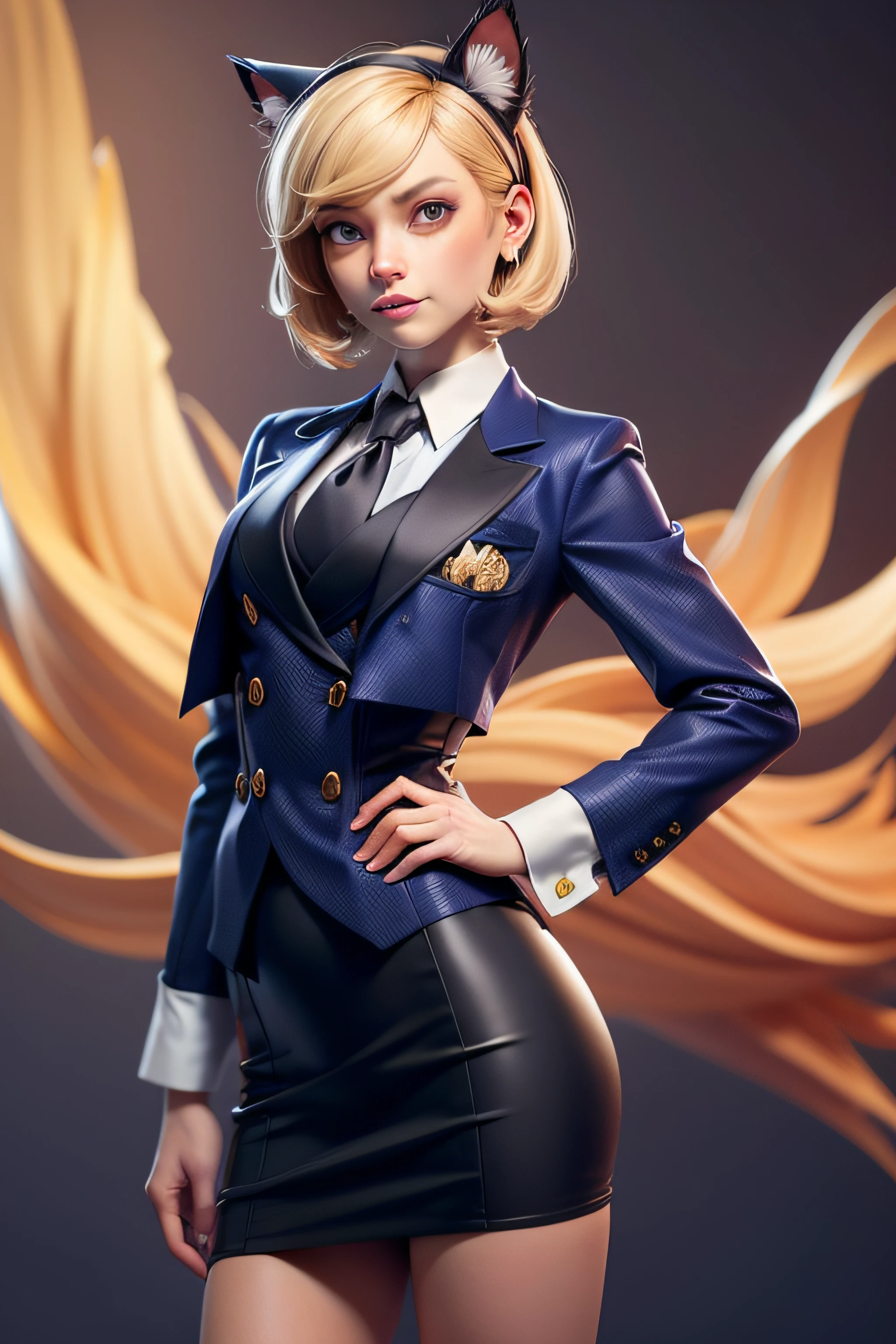 3dmm style,(masterpiece, top quality, best quality, official art, beautiful and aesthetic:1.2), (fractal art:1.3), 1girl, beautiful, high detailed, blonde hair, bobcut hair, hairband, dark lighting, serious face, looking the sky, sky, medium shot, skirt suit, (((three-piece suit))), dress shirt, necktie, blazer, suit jacket, waistcoat, double-breasted waistcoat, bodycon miniskirt, pencil skirt, cufflinks, pocket square, pocket watch, tailored suit, jewelry, cat girl, cat ears, cat tail