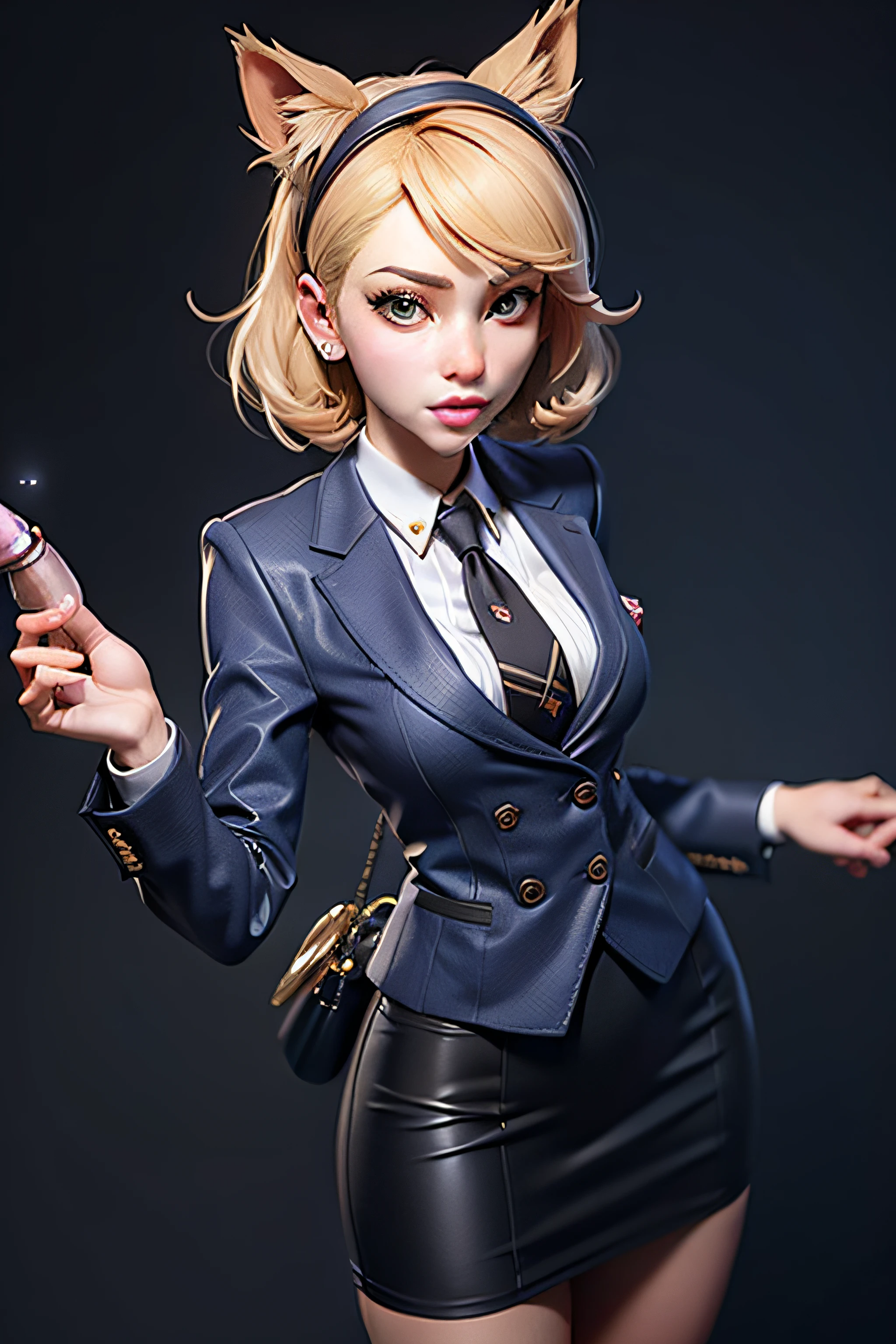 3dmm style,(masterpiece, top quality, best quality, official art, beautiful and aesthetic:1.2), (fractal art:1.3), 1girl, beautiful, high detailed, blonde hair, bobcut hair, hairband, dark lighting, serious face, looking the sky, sky, medium shot, skirt suit, (((three-piece suit))), dress shirt, necktie, blazer, suit jacket, waistcoat, double-breasted waistcoat, bodycon miniskirt, pencil skirt, cufflinks, pocket square, pocket watch, tailored suit, jewelry, cat girl, cat ears, cat tail, blowbang, 4boys, multiple boys, penis, multiple penises, blowjob, fellatio, cum, facial, cumshot