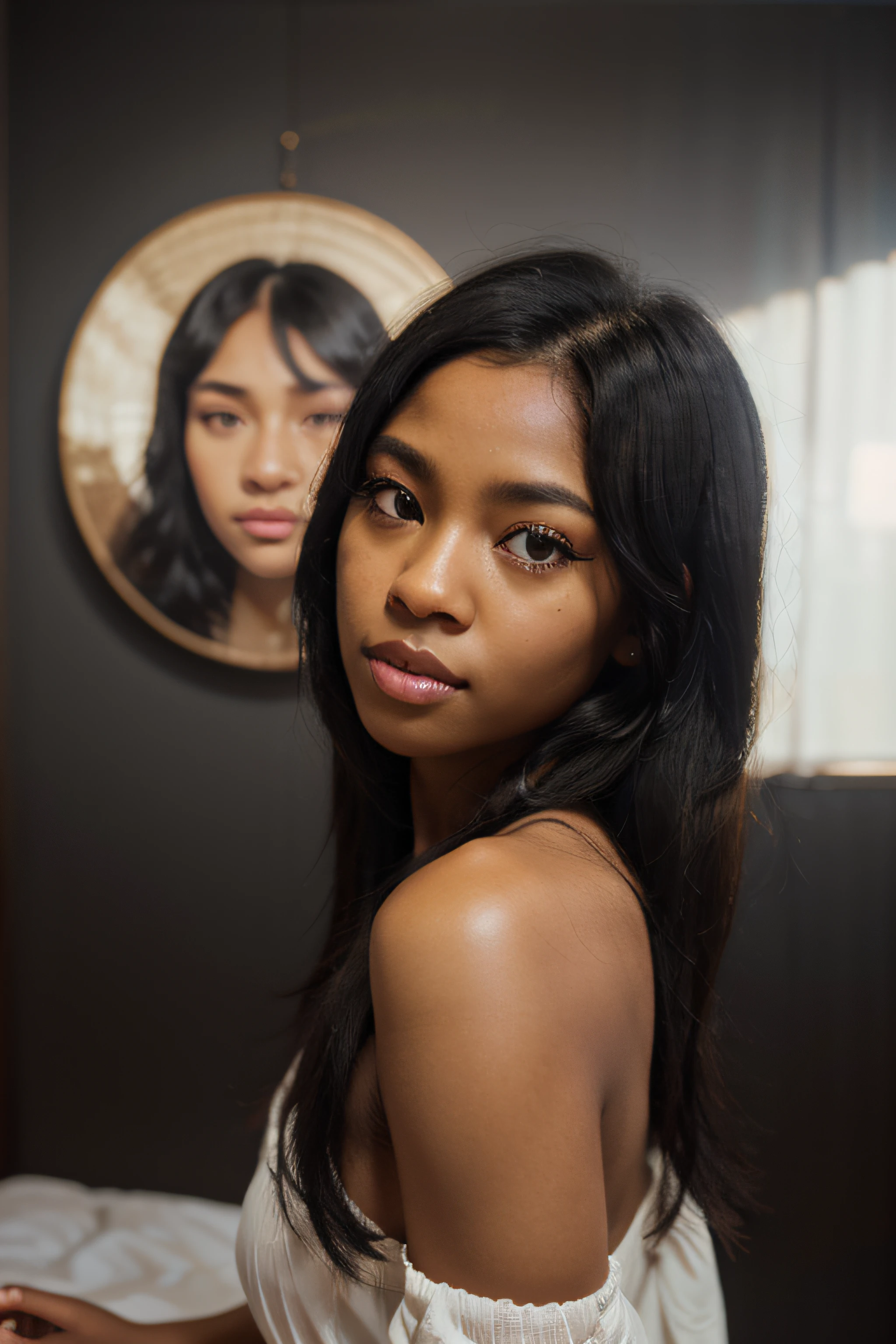 black hair, African-American, long eyelashes, solid round eyes, fang, brown hair, blank eyes, makeup, Surrealism, ombre, anaglyph, stereogram, tachi-e, ass pov, atmospheric perspective, 8K, super detaill, ccurate, Best Quality, Best Quality, 8K, hight resolution, super detaill