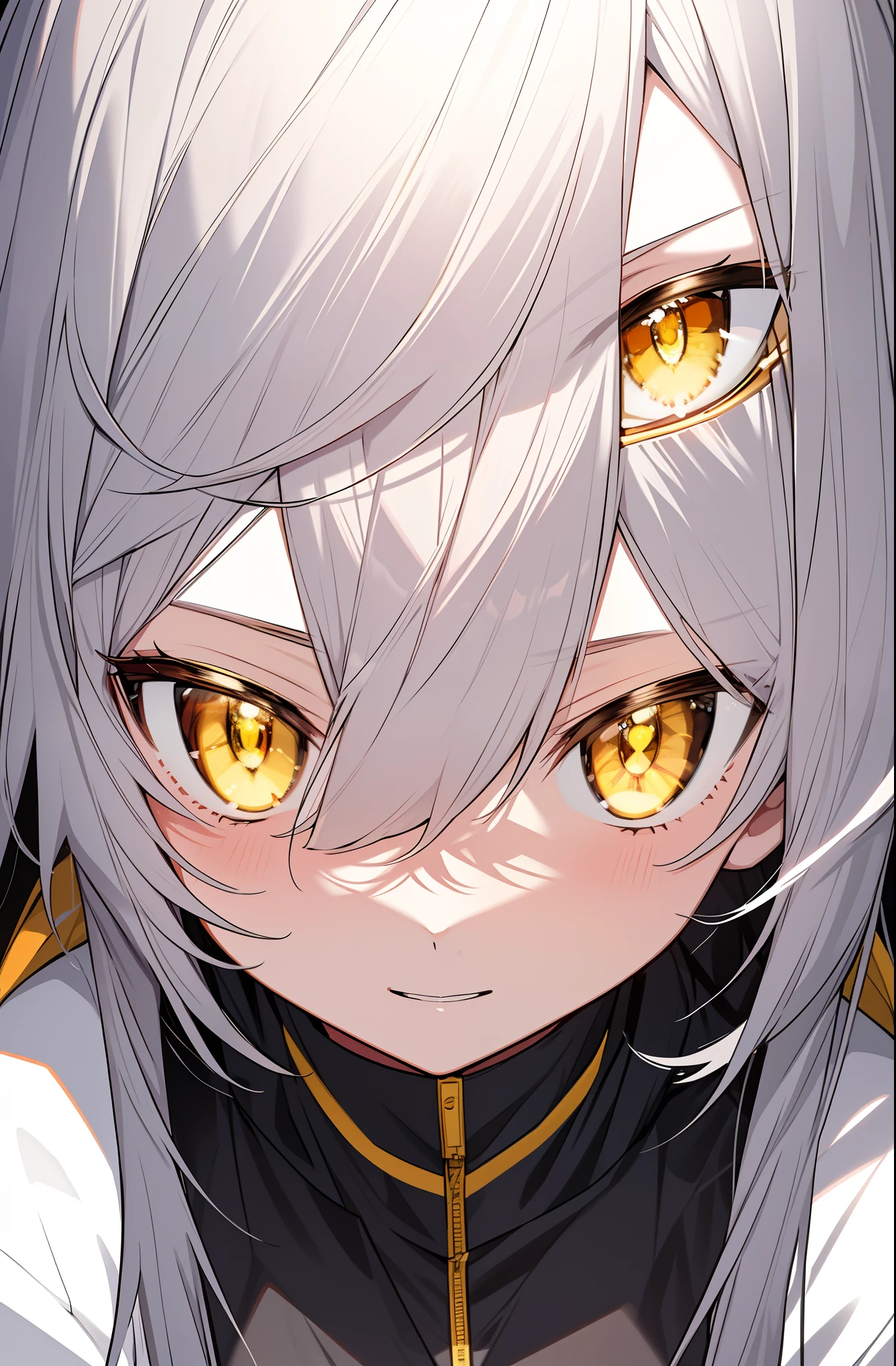 Top Quality, Masterpiece, High Resolution, 8k, Hoodie and Anime Style Girl, One Girl, Detailed Line Art, Bright White and Bright Amber Style, Digital Enhancement, Close Up, Anime Core, long white hair, yellow eyes,