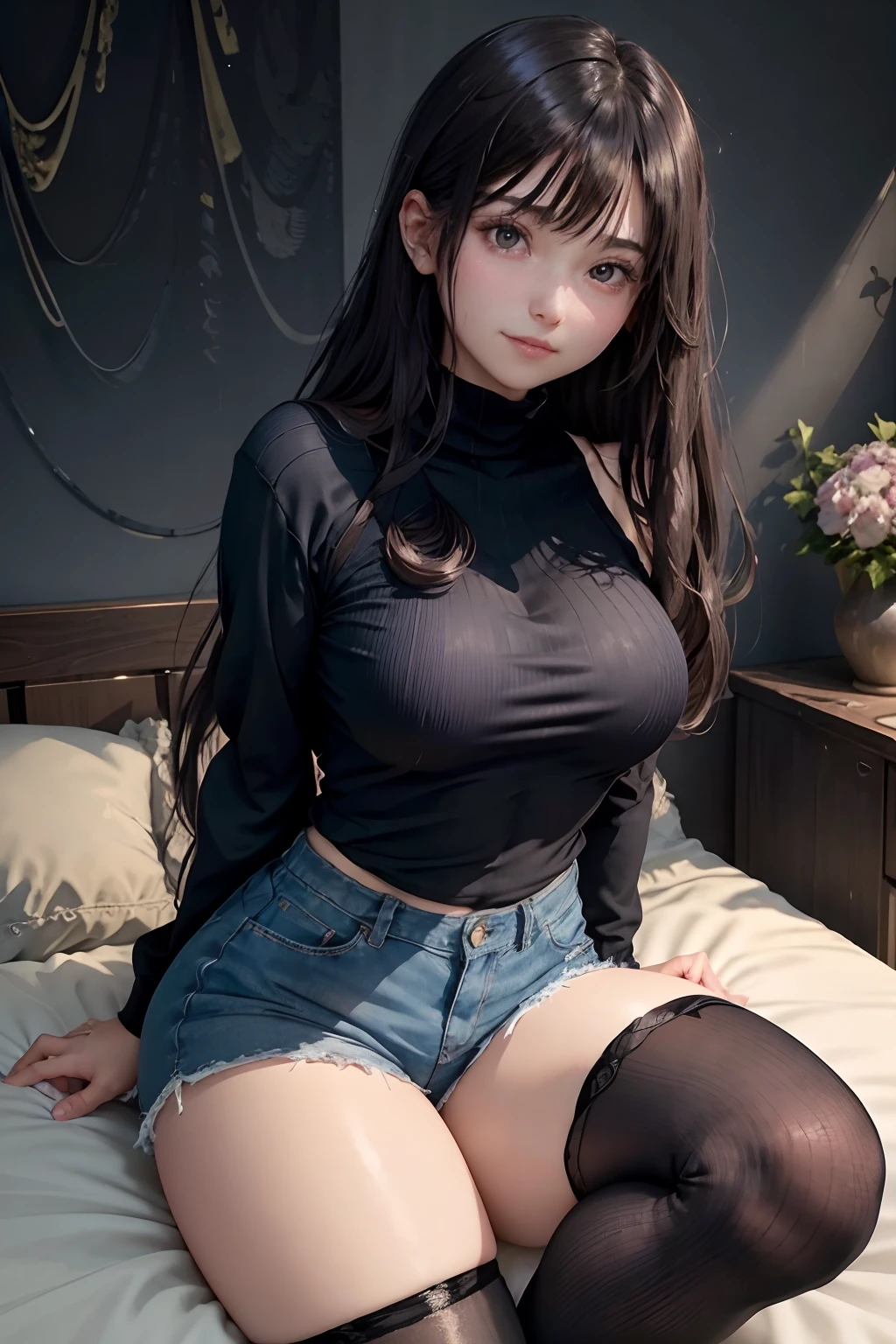 Long sleeve trainer、Loose trainer、Long Trainer、A slight smil、Transcendent beauty、Dark Gothic Makeup、Sweat glistens on my face、Thick sweat on the thighs glows profusely、Long hair straight hair、Brown hair、Transcendent cute face、Sit up、a bed、sprawl、Dark blush、masutepiece、8K、dark black eye shadow、24 year old、wretched、Super Large Long-Length Trainer、Gothic Room Space、Thighs glow a lot of stickiness.、chies、Too large tops、Sweat shining profusely on the thighs、A smile、Smile、Underwear black、Transcendent Denim Pants Short、Denim pants super short、Mini Hot Pants、Tight denim pants、Slender system、Stained glass background、boredom、Sexy look、Panting face、A sexy、Sad face、Sweat shins on the face、Shot in loose、Photographed from afar、Shot with a pull、Arms put to the side、Dark black knee-high socks、Dark Black Thigh Socks、