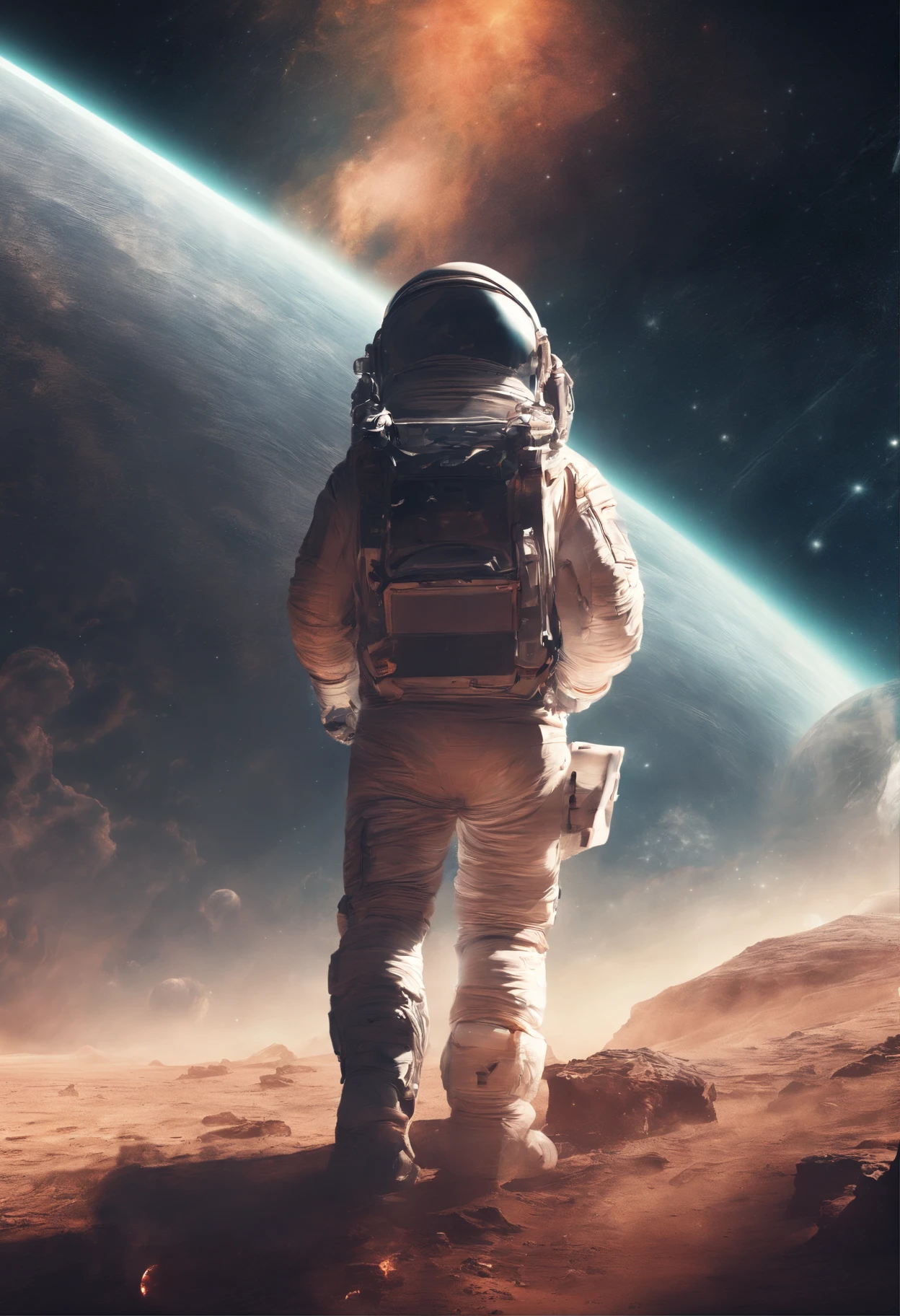 An astronaut carrying a horse on his back in space