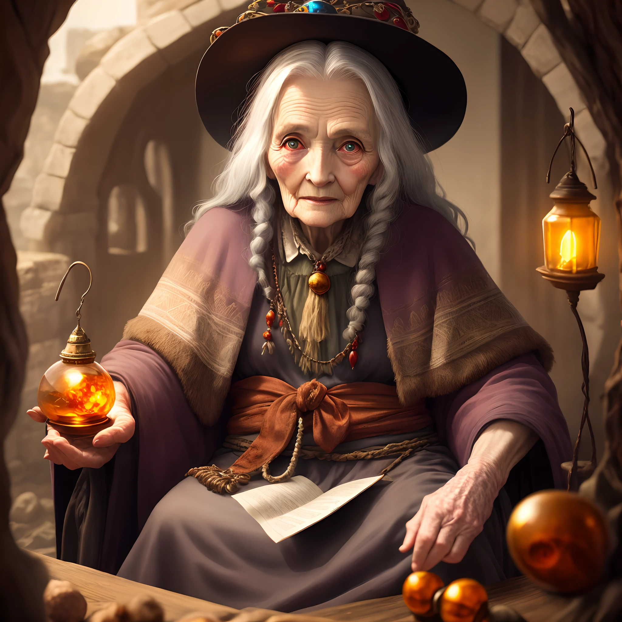 Old woman crone with one shining amber stone eye