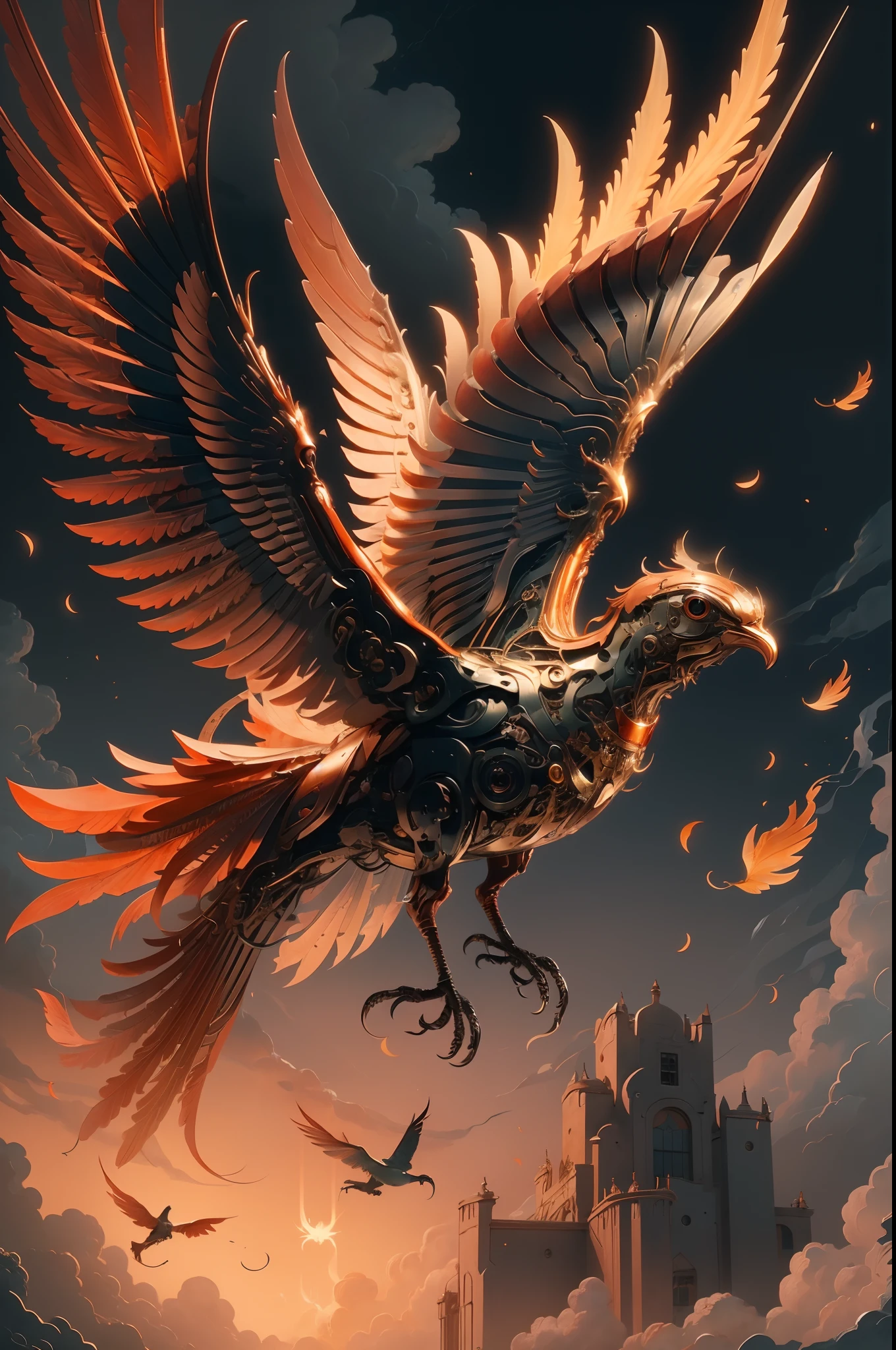 Mechanical birds
full_body,1 Beautiful mechanical bird, The legendary immortal bird, the phoenix,wings made of gold magnificently suspended in the air, glowing red eyes, wings open, full_body, sky, clouds, moonlight, glowing red eyes, central composition, petals,