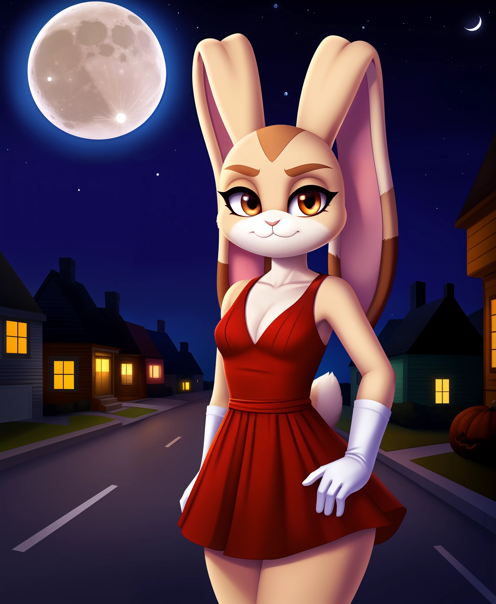 cream the rabbit, highest quality, flat chest,  female, masterpiece, detailed, detailed iris, detailed eyes, socks, gloves, smug, frown, night, stars, halloween, moon, sky, moon light, tail, street, houses, rabbit tail, innievag ,red dress