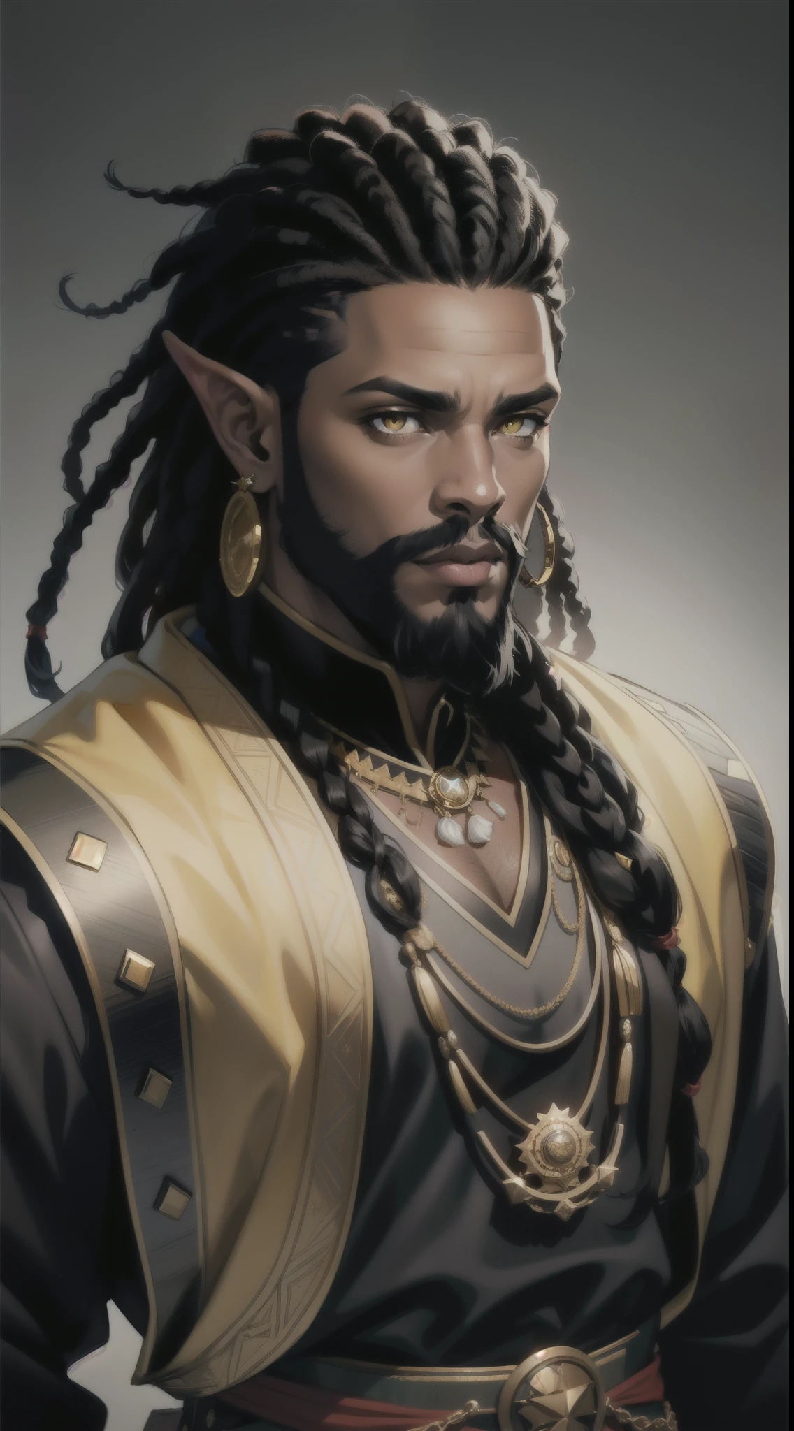 Portrait of an African-American king, with dark black dreadlocks, yellow eyes, king, beard, pointed ears, retired hero, Royal attire, perfect composition, hyper-detailed, 8K, high quality, perfect eyes, trending art, trending on artstation, sharp focus, studio photo, intricate details