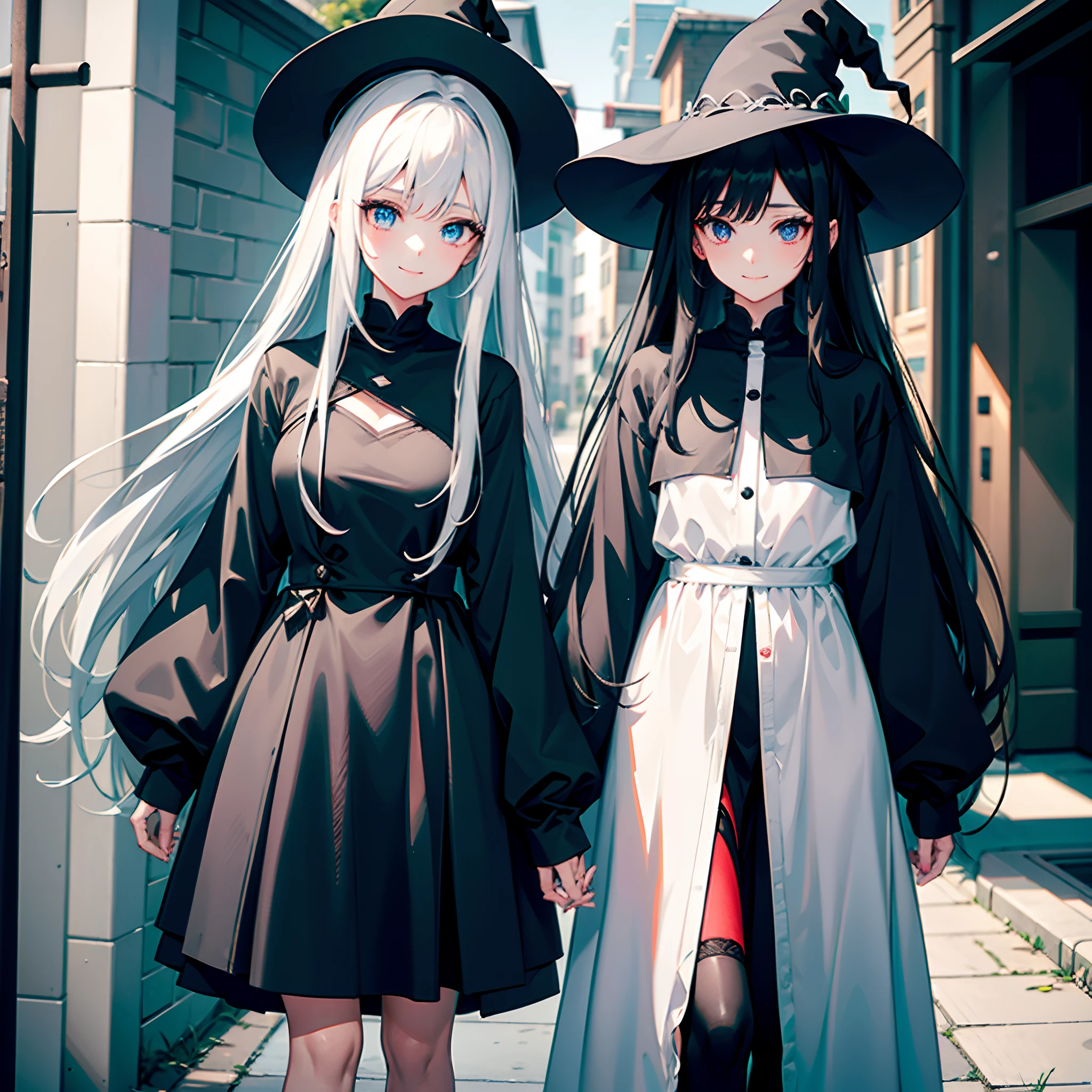 Two witch girls roaming the streets、One has long white hair with an emerald green mesh, blue eyes with highlights, and wears a large black witch hat with sapphire accessories.、The other has long black hair with red mesh and red eyes with highlights and wears a black witch hat.、They are wearing white T-shirts, black coats, black skirts, and black sneakers with white shoelaces.、B cup breasts、discreet breasts、Small、Looking at me with a smile、Modest but beautiful、Beautiful illustration