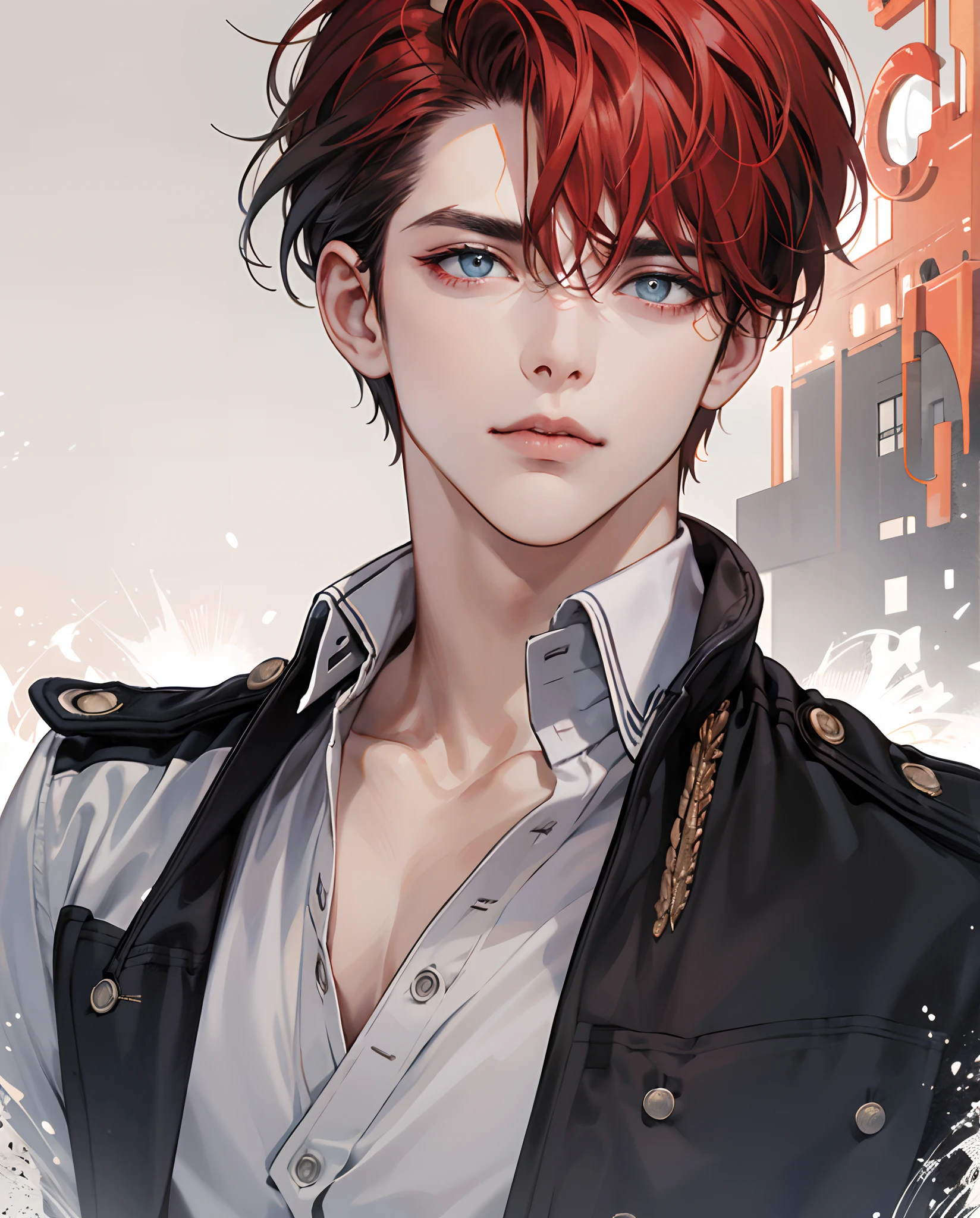 24 ans. Jeune homme Anglais en 1817. Grand manteau rouge avec un col haut, peau pale, auburn hair with a grey streak falling over her eyes. Un oeil bleu et un oeil noir. Grand et mince.