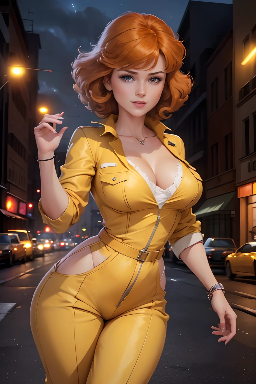 cowboy shot, April O'Neil , 1980s \(style of\), 1 woman, brown hair, redhead hair,Short Hair, orange hair,smile, Retro art style, Short Hair Hair, soli, Hyper-realistic eyes, pretty eyes,A detailed eye, realistic face, Beautiful woman woman, Realistic background,city street, Street Night Lights, Amazing Lights, amazing background, Impressive night lights of the city, full-length portrait, Yellow jumpsuit, Hip jumper suit