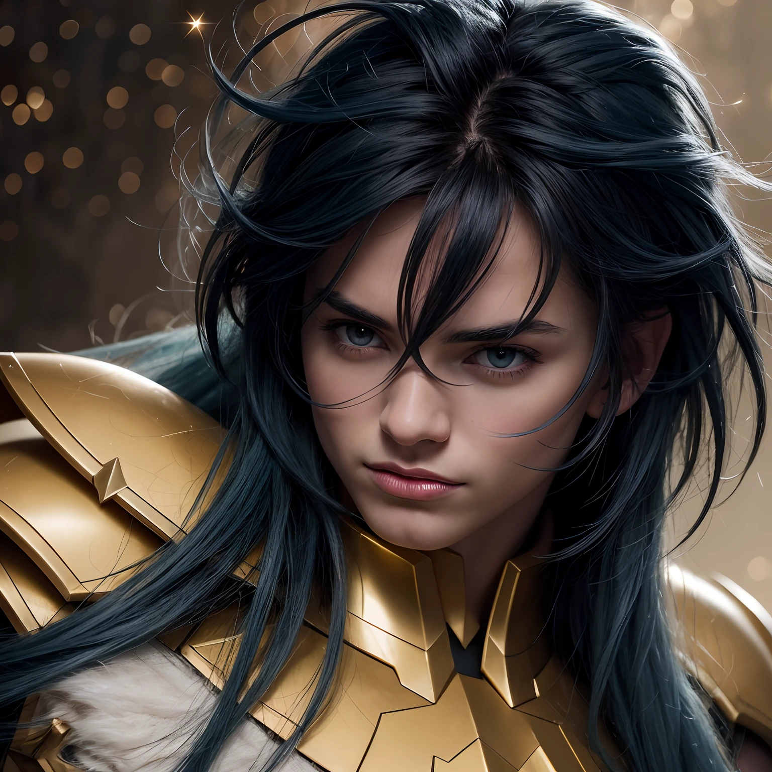 cinemactic, incrivelmente detalhado e ultrarrealista, Camus of Aquarrius Saint Seiya. Close up. He's wearing pretty realistic golden armor. Armadura dourada brilhante. Bright golden armor. Armadura com brilho natural. Octane is the perfect tool to capture the softest details of this 16k photography masterpiece. He is a handsome white man about ((35 years)) old. 1 homen. ((French man)). beautiful face. Rosto detalhado. Nariz bonito. Nariz fino e alongado. (Olhos azuis muito grandes). olhos perfeitos. ((depilado)). Strong expression. He has long (light blue) hair. messy hair with bangs. messy hair. Pelas de rosas flutuando em torno ele. Landscape starry sky.