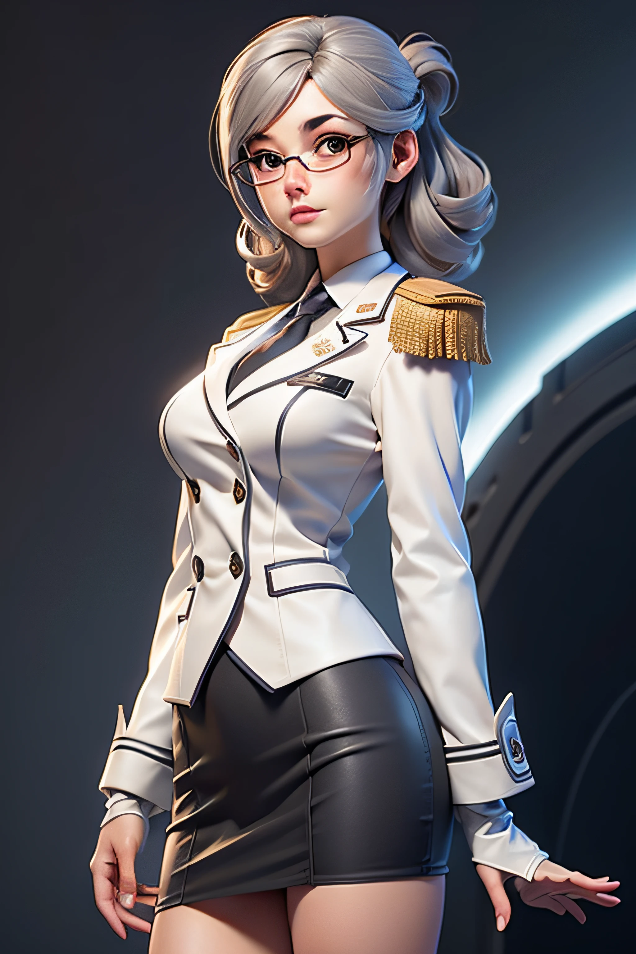 3dmm style,(masterpiece, top quality, best quality, official art, beautiful and aesthetic:1.2), (fractal art:1.3), 1girl, katori, glasses, white gloves, beautiful, high detailed, dark lighting, serious face, looking the sky, sky, medium shot, military uniform, skirt suit, grey dress shirt, necktie, white blazer, suit jacket, bodycon miniskirt, pencil skirt, epaulettes