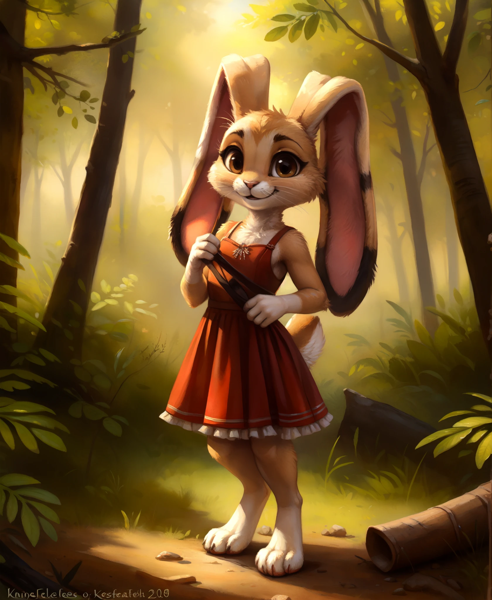 best quality, ((anthro, furry)), cream the rabbit, anthro, red dress, smile, forest background, small hand, by kenket, by totesfleisch8, (by thebigslick, by silverfox5213:0.8), (by syuro:0.2),