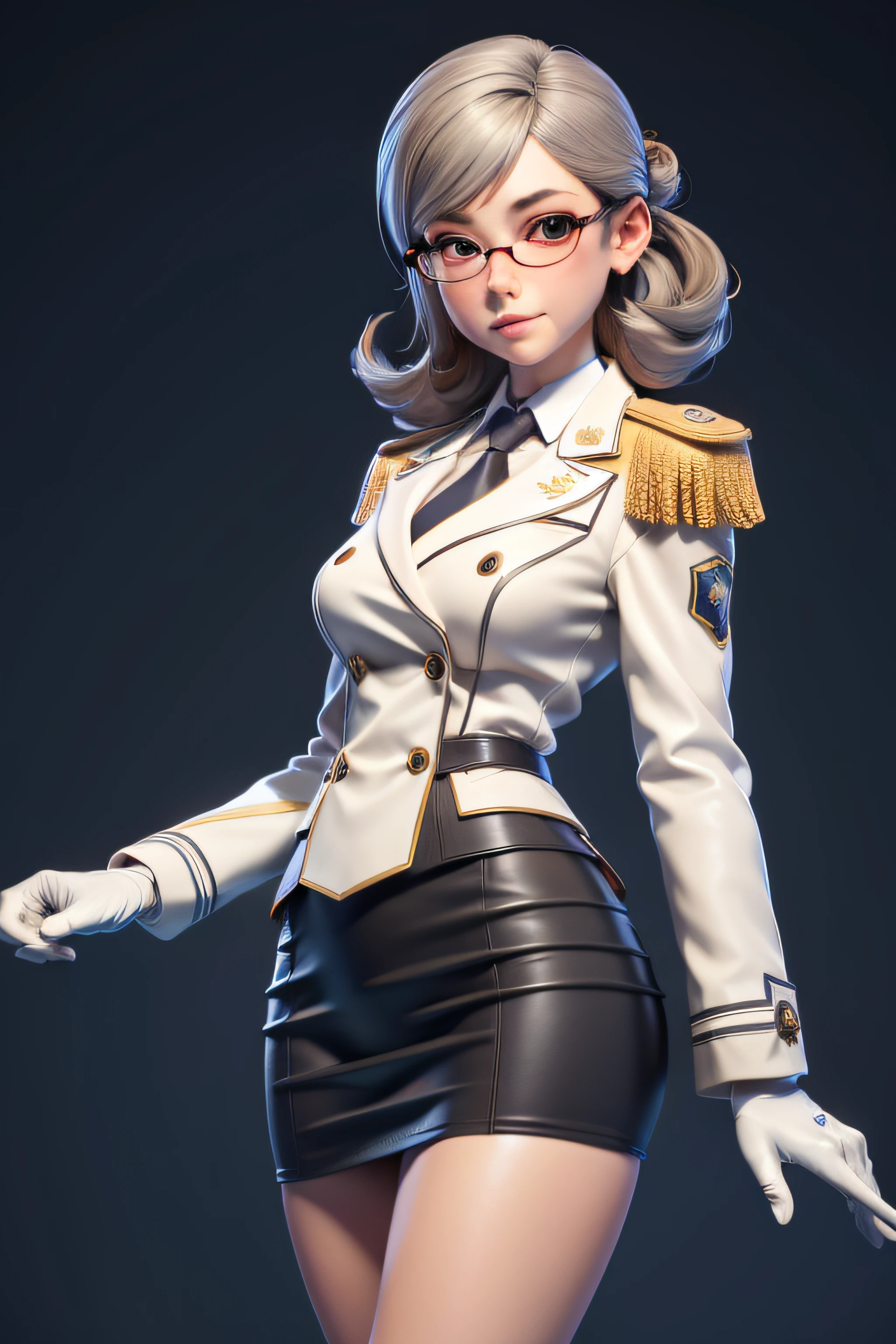 3dmm style,(masterpiece, top quality, best quality, official art, beautiful and aesthetic:1.2), (fractal art:1.3), 1girl, katori, glasses, white gloves, beautiful, high detailed, dark lighting, serious face, looking the sky, sky, medium shot, military uniform, skirt suit, grey dress shirt, necktie, white blazer, suit jacket, bodycon miniskirt, pencil skirt, epaulettes