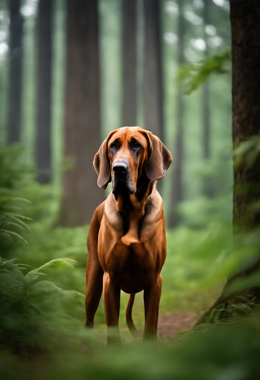 a bloodhound dog in a lush green forest,noble look,the dog is sniffing something intently, majestic long ears,tightly wrinkled brow,focused eyes,deep brown fur,sleek and shiny coat,maneuvering effortlessly through the dense undergrowth,magnificent breed,sense of determination,resolute stance,strong and muscular,tracking scent with precision,natural-born scent hound,best quality,ultra-detailed,realistic:1.37,sharp focus,stunning portrait,rich color palette,warm and earthy tones,natural lighting,vivid colors,bokeh