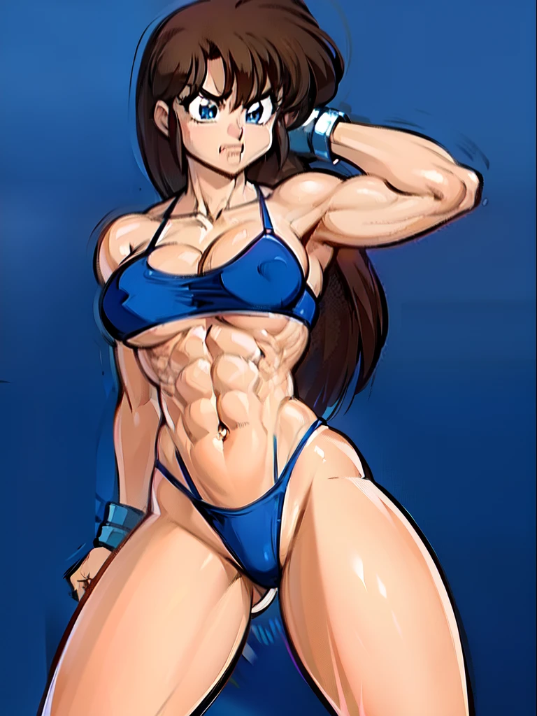 sexy girl with powerful muscles removing her bra, blue thong, angry, fierce, dominant, ripped abs, bullying, strong, aggressive, long legged, cruel, hard, karate