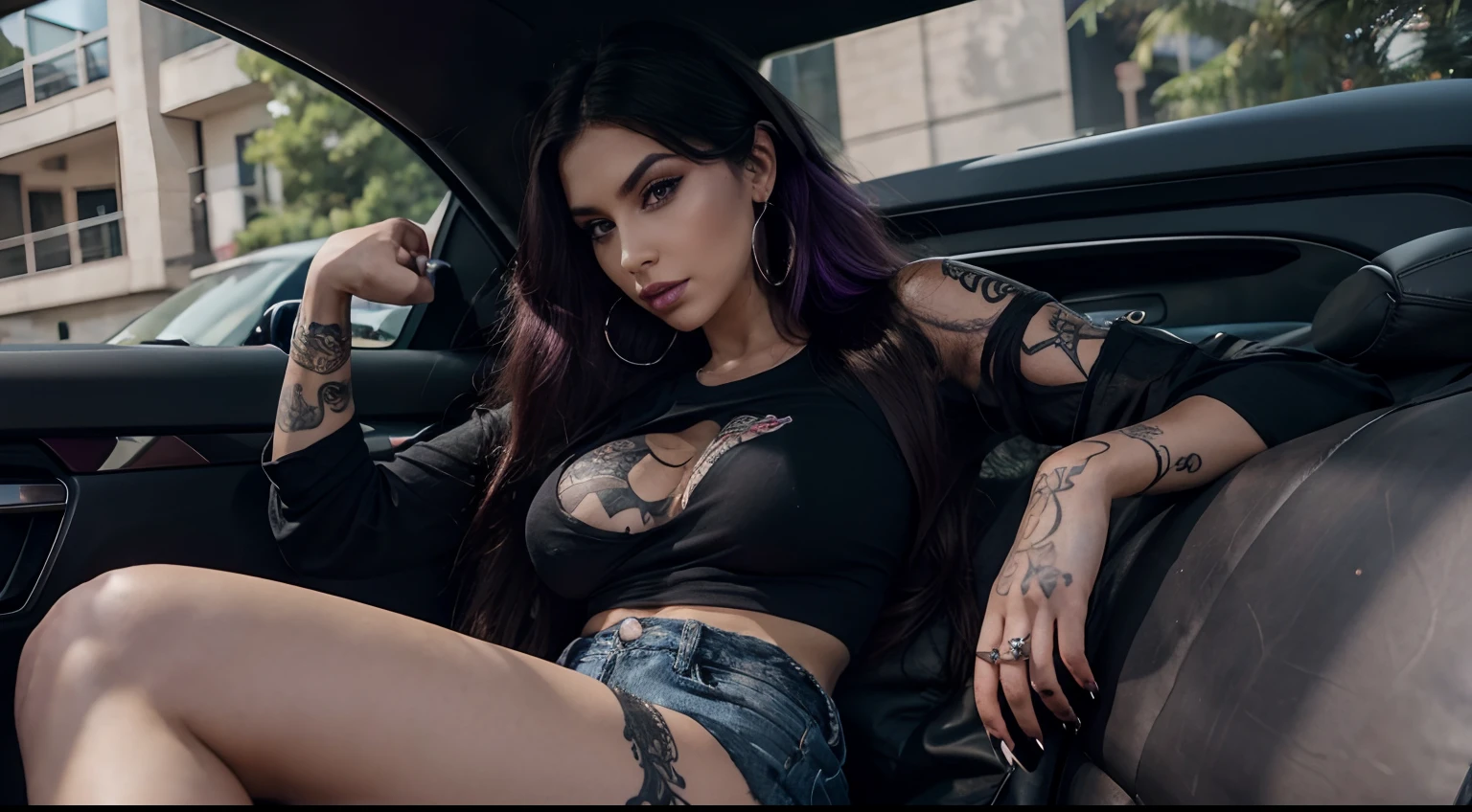 Girl laying in tej car, gigantic breast, Black t-shirt, denim shorts, navel piercing, purple long hair, huge lips, dark eyeshadows, large eyelashes, large lashlines, very long purple nails, Black large thin Hoop earings, thigh high heels, fishnet thights, sleeve tattoo, huge butt, very tanned skin, many piercing, Breast tattoo, tattoos on legs