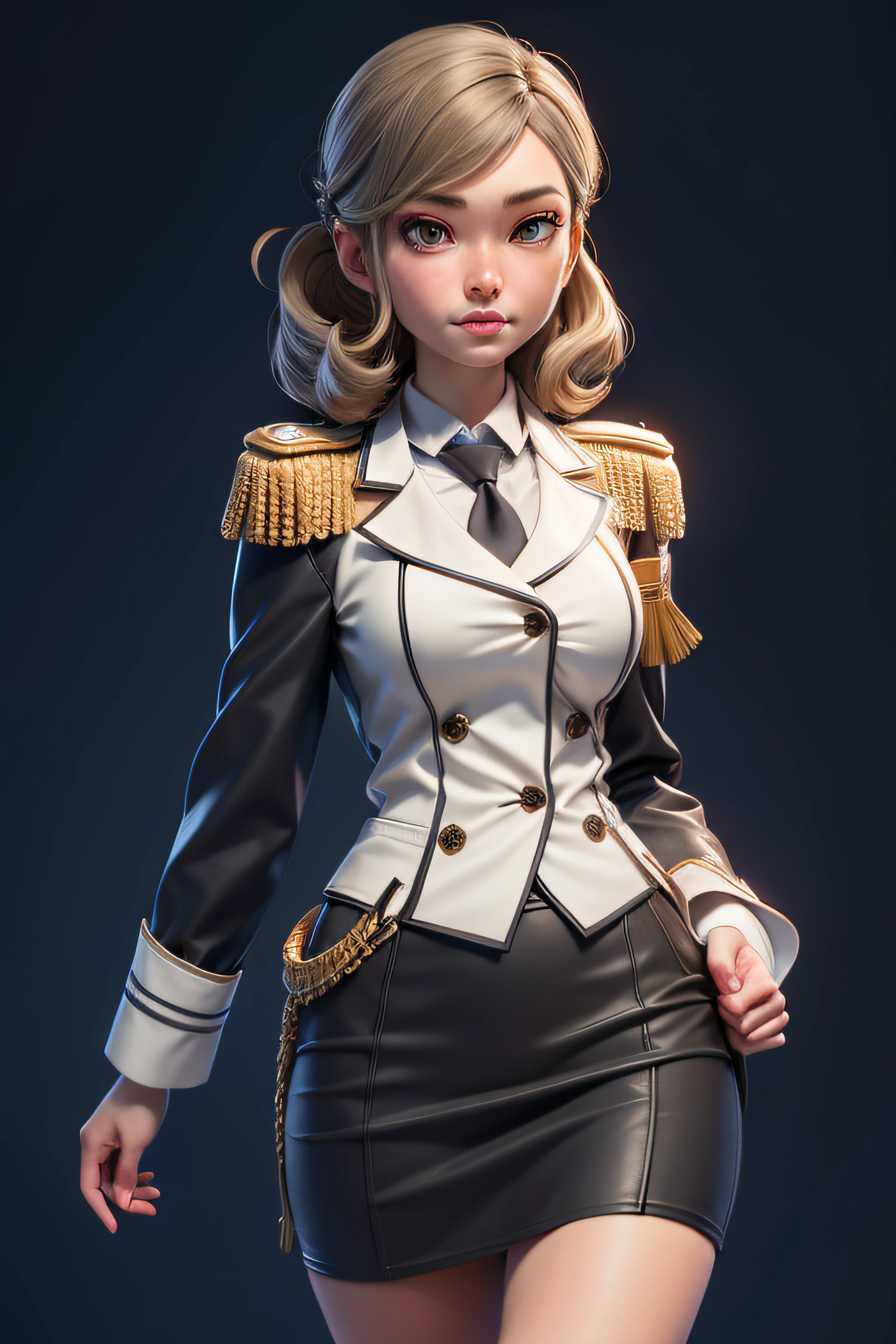 3dmm style,(masterpiece, top quality, best quality, official art, beautiful and aesthetic:1.2), (fractal art:1.3), 1girl, katori, beautiful, high detailed, dark lighting, serious face, looking the sky, sky, medium shot, military uniform, skirt suit, dress shirt, necktie, blazer, suit jacket, bodycon miniskirt, pencil skirt, epaulettes