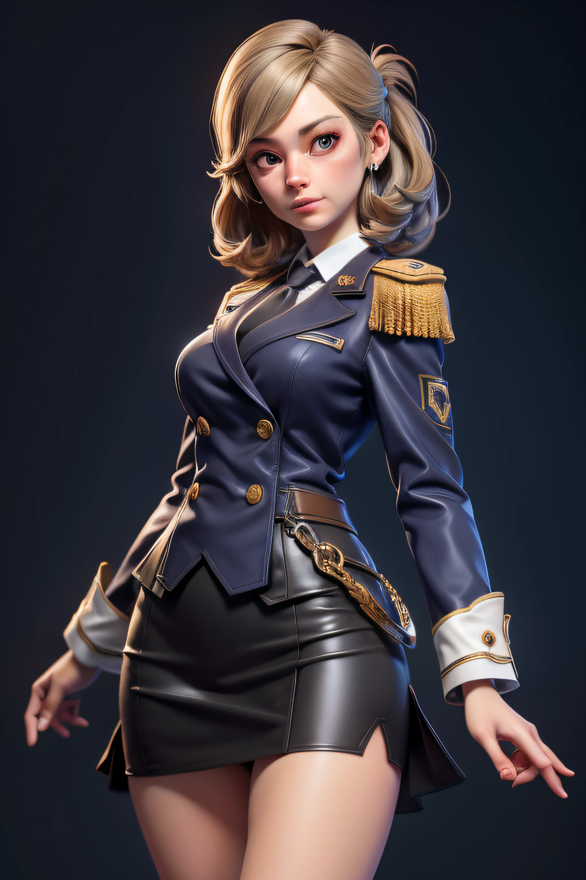 3dmm style,(masterpiece, top quality, best quality, official art, beautiful and aesthetic:1.2), (fractal art:1.3), 1girl, katori, beautiful, high detailed, dark lighting, serious face, looking the sky, sky, medium shot, military uniform, skirt suit, dress shirt, necktie, blazer, suit jacket, bodycon miniskirt, pencil skirt, epaulettes