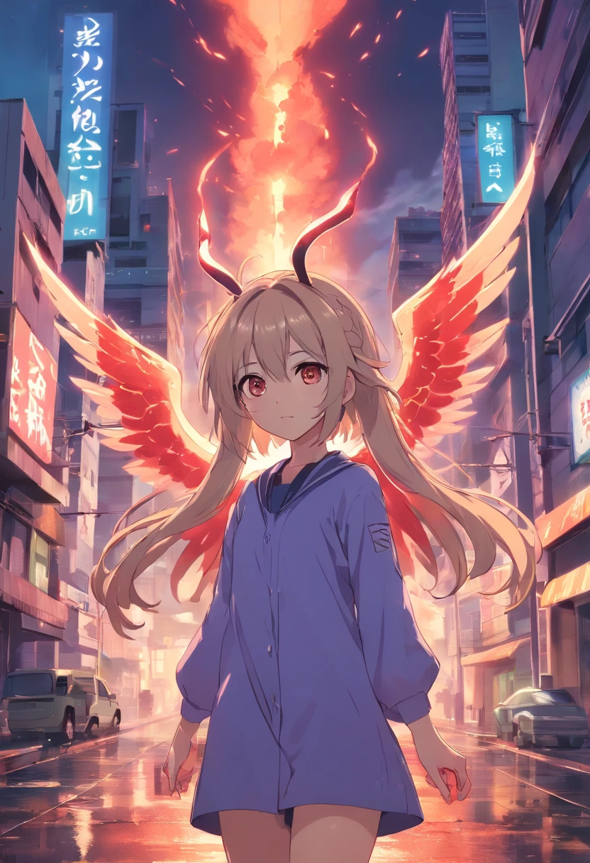 cabelos sem brilho, cabelos grisalhos,olhos vermelhos,long, whitish hair,demonic horns,Terno de marinheiro quebrado,Tipo de corpo da menina,There are demonic wings behind it,Havia um pouco de sangue em seu corpo,8k,Look up at the camera,olhos vazios,Dynamic,Background of destroyed cities