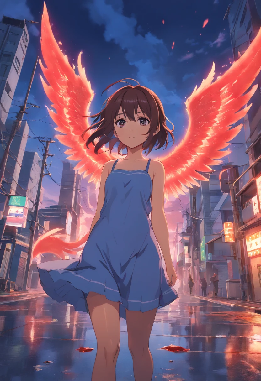 cabelos sem brilho, cabelos grisalhos,olhos vermelhos,long, whitish hair,demonic horns,Terno de marinheiro quebrado,Tipo de corpo da menina,There are demonic wings behind it,Havia um pouco de sangue em seu corpo,8k,Look up at the camera,olhos vazios,Dynamic,Background of destroyed cities