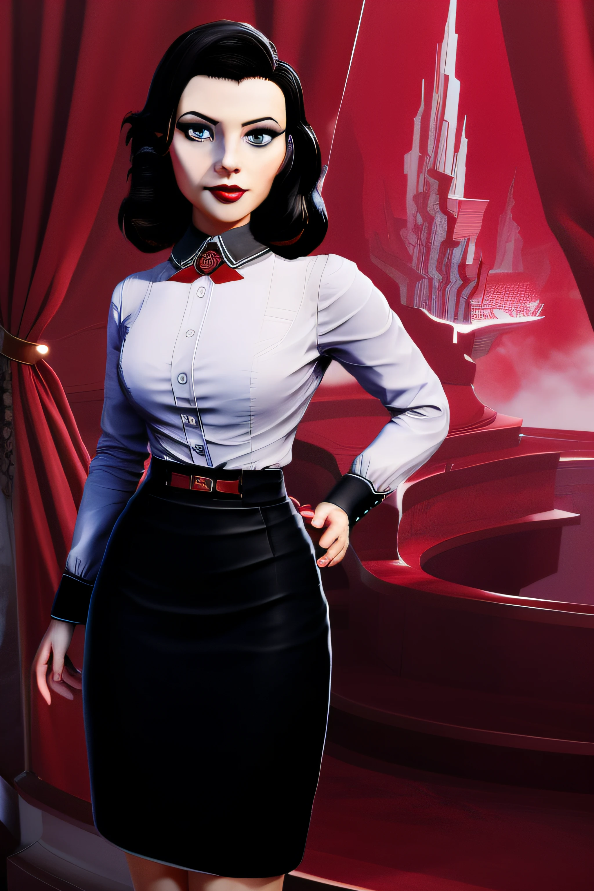 3dmm style,(masterpiece, top quality, best quality, official art, beautiful and aesthetic:1.2), (fractal art:1.3), 1girl, elizabeth comstock, red lipstick, shirt, pencil skirt, beautiful, high detailed, dark lighting, serious face, looking the sky, sky, medium shot,