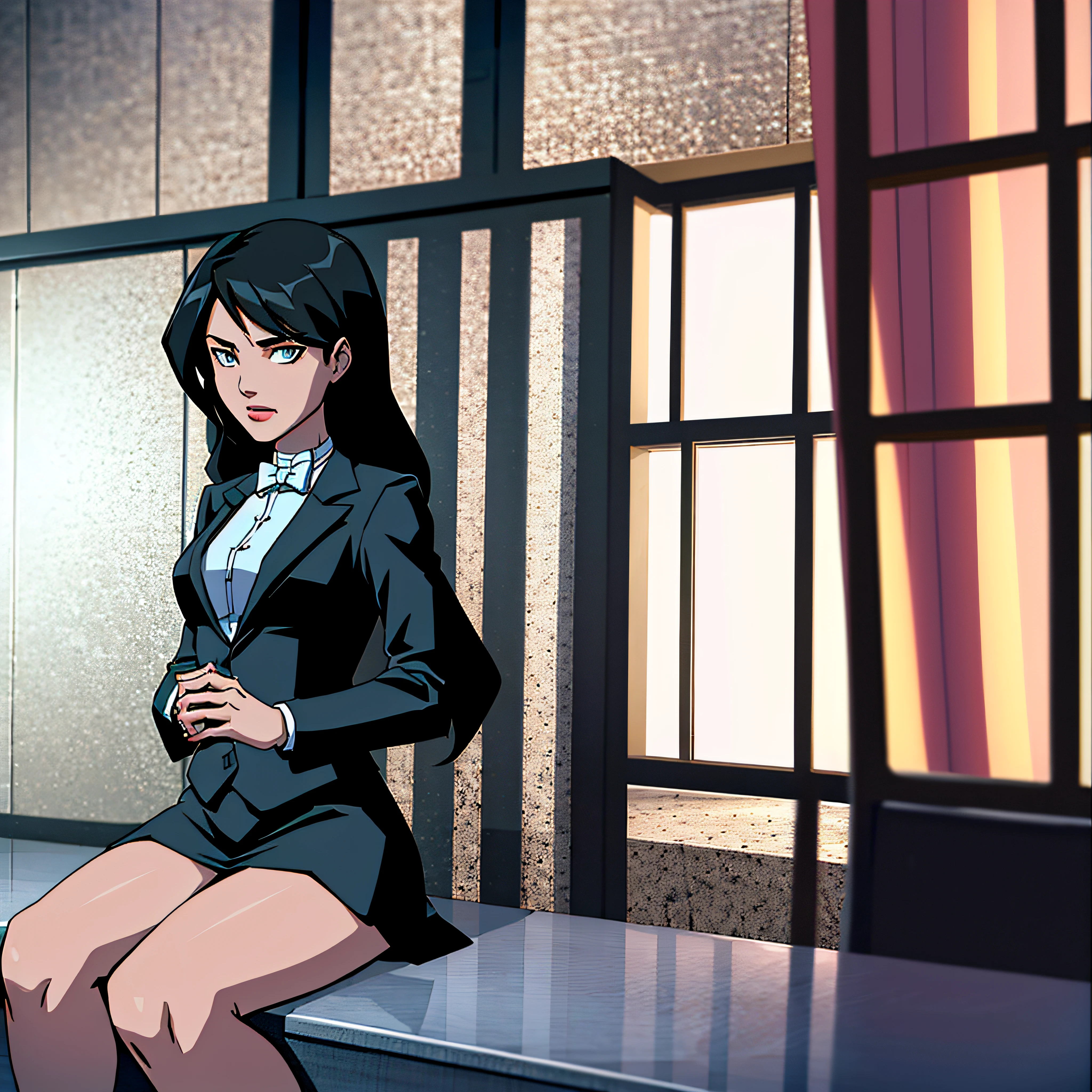 (cowboy shot), sfw,  (masterpiece), (best quality:1.0), (ultra highres:1.0)
BREAK
Zatanna, 1girl, sitting on chair
tuxedo, skirt suit, blazer, bowtie, bodycon skirt
BREAK
(fireplace, cozy, indoors, gorgeous view)