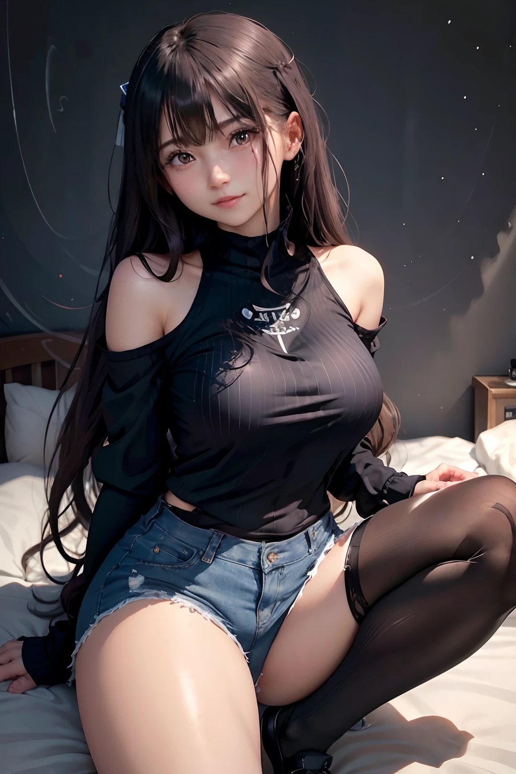 Long sleeve trainer、Loose trainer、Long Trainer、A slight smil、Transcendent beauty、Dark Gothic Makeup、Sweat glistens on my face、Thick sweat on the thighs glows profusely、Long hair straight hair、Brown hair、Transcendent cute face、Sit up、a bed、sprawl、Dark blush、masutepiece、8K、dark black eye shadow、24 year old、wretched、Super Large Long-Length Trainer、Gothic Room Space、Thighs glow a lot of stickiness.、chies、Too large tops、Sweat shining profusely on the thighs、A smile、Smile、Underwear black、Transcendent Denim Pants Short、Denim pants super short、Mini Hot Pants、Tight denim pants、Slender system、Stained glass background、boredom、Sexy look、Panting face、A sexy、Sad face、Sweat shins on the face、Shot in loose、Photographed from afar、Shot with a pull、Arms put to the side、Dark black knee-high socks、Dark Black Thigh Socks、