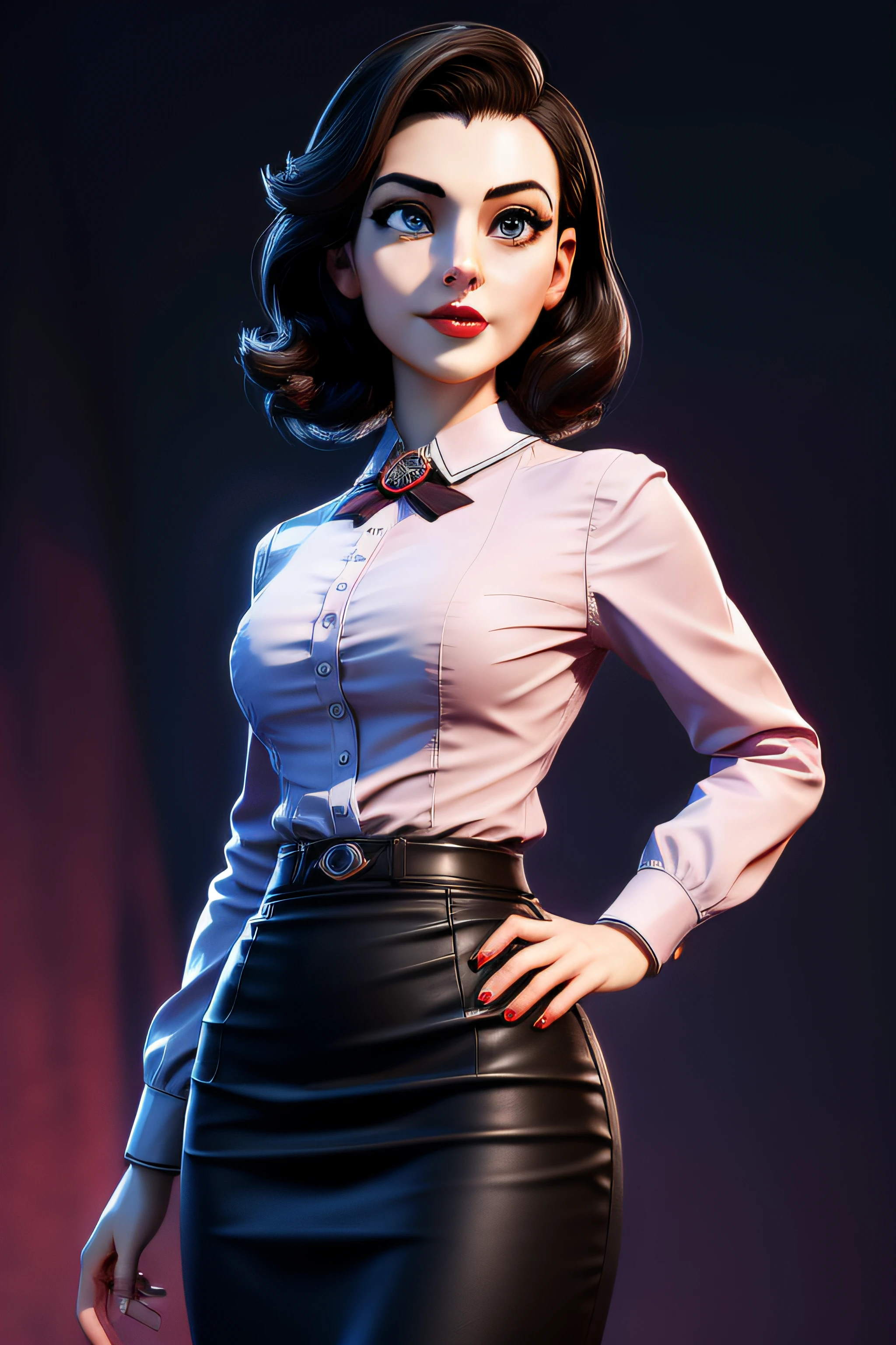 3dmm style,(masterpiece, top quality, best quality, official art, beautiful and aesthetic:1.2), (fractal art:1.3), 1girl, elizabeth comstock, red lipstick, shirt, pencil skirt, beautiful, high detailed, dark lighting, serious face, looking the sky, sky, medium shot,