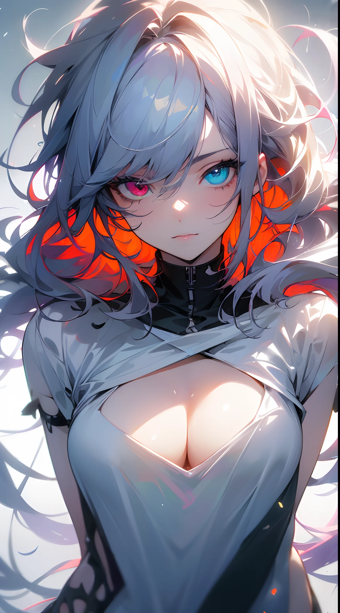 (Best quality,4K,high resolution,Masterpiece:1.2), Ultra-detailed, photo-realistic, Messy hair, Disheveled hair, Girl with heterochromia, Playful expression, Low-cut white shirt, Tiptoeing, Long legs, professional, Portrait, Beautiful detailed eyes, Strong gaze, Sharp focus, Vibrant colors, Studio lighting.