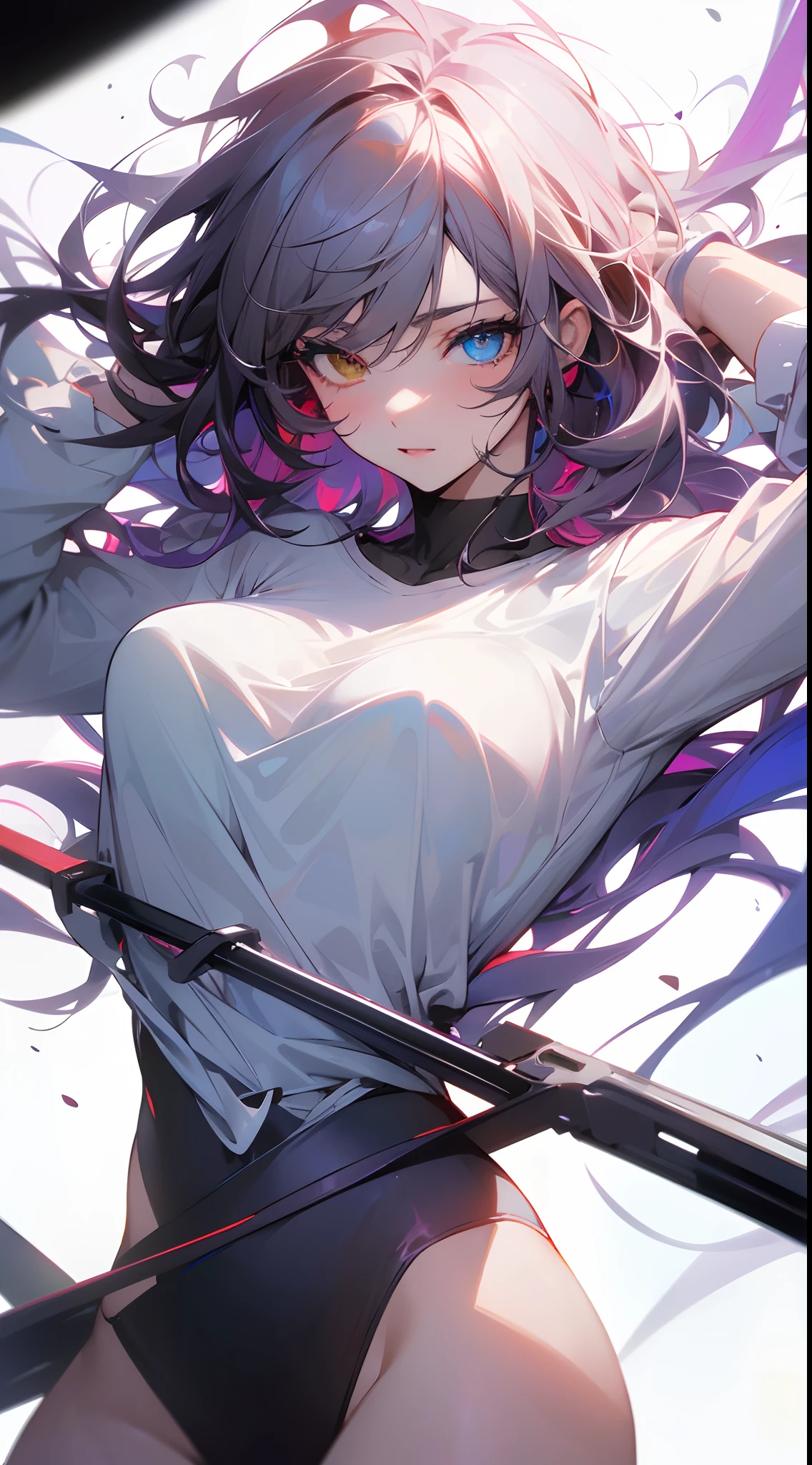 (Best quality,4K,high resolution,Masterpiece:1.2), Ultra-detailed, photo-realistic, Messy hair, Disheveled hair, Girl with heterochromia, Playful expression, Low-cut white shirt, Tiptoeing, Long legs, professional, Portrait, Beautiful detailed eyes, Strong gaze, Sharp focus, Vibrant colors, Studio lighting.