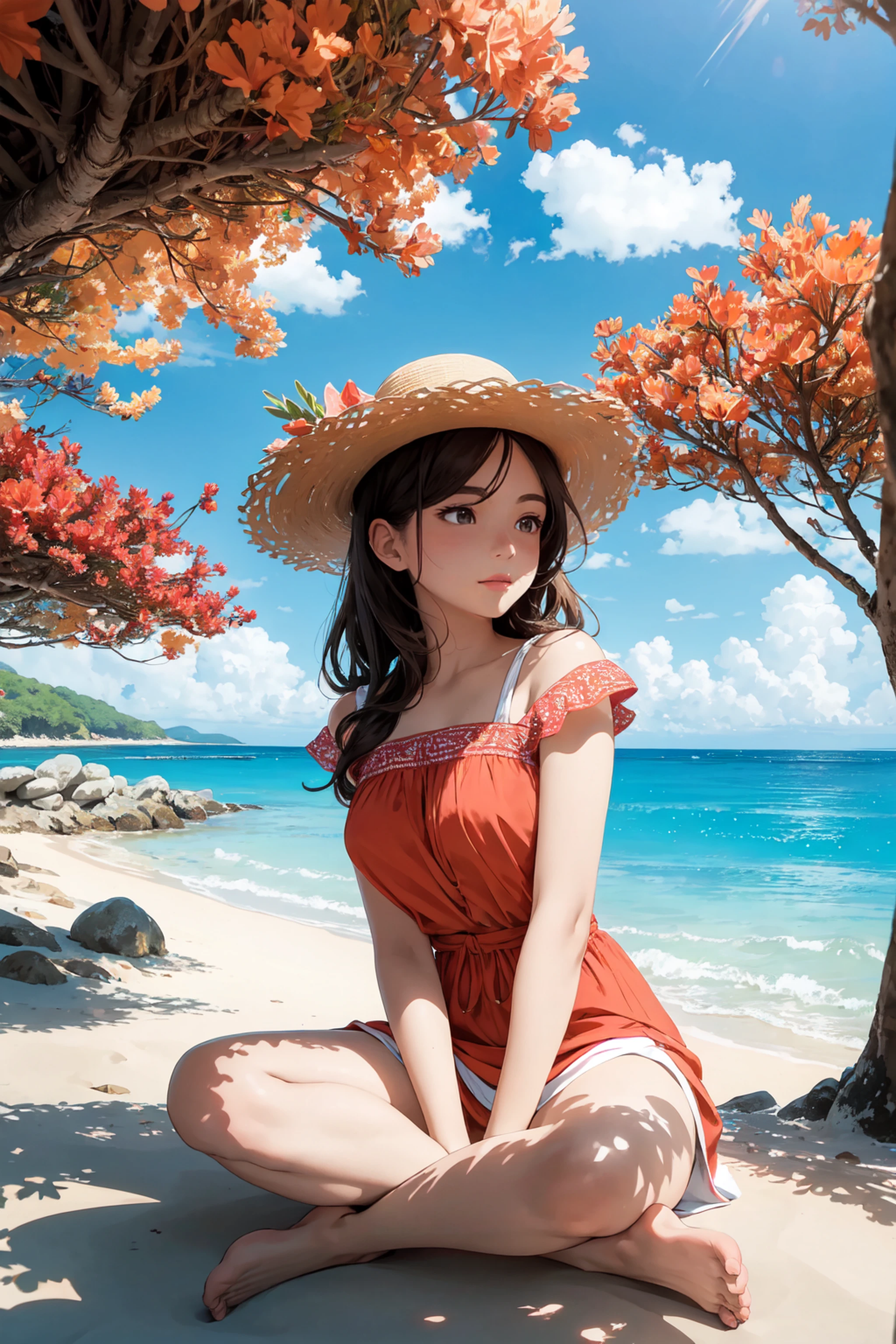 highest quality、masterpiece、High sensitivity、High resolution、One Woman、Slim Body、beach、Splitting a watermelon with a stick、Blindfolded with a white towel、