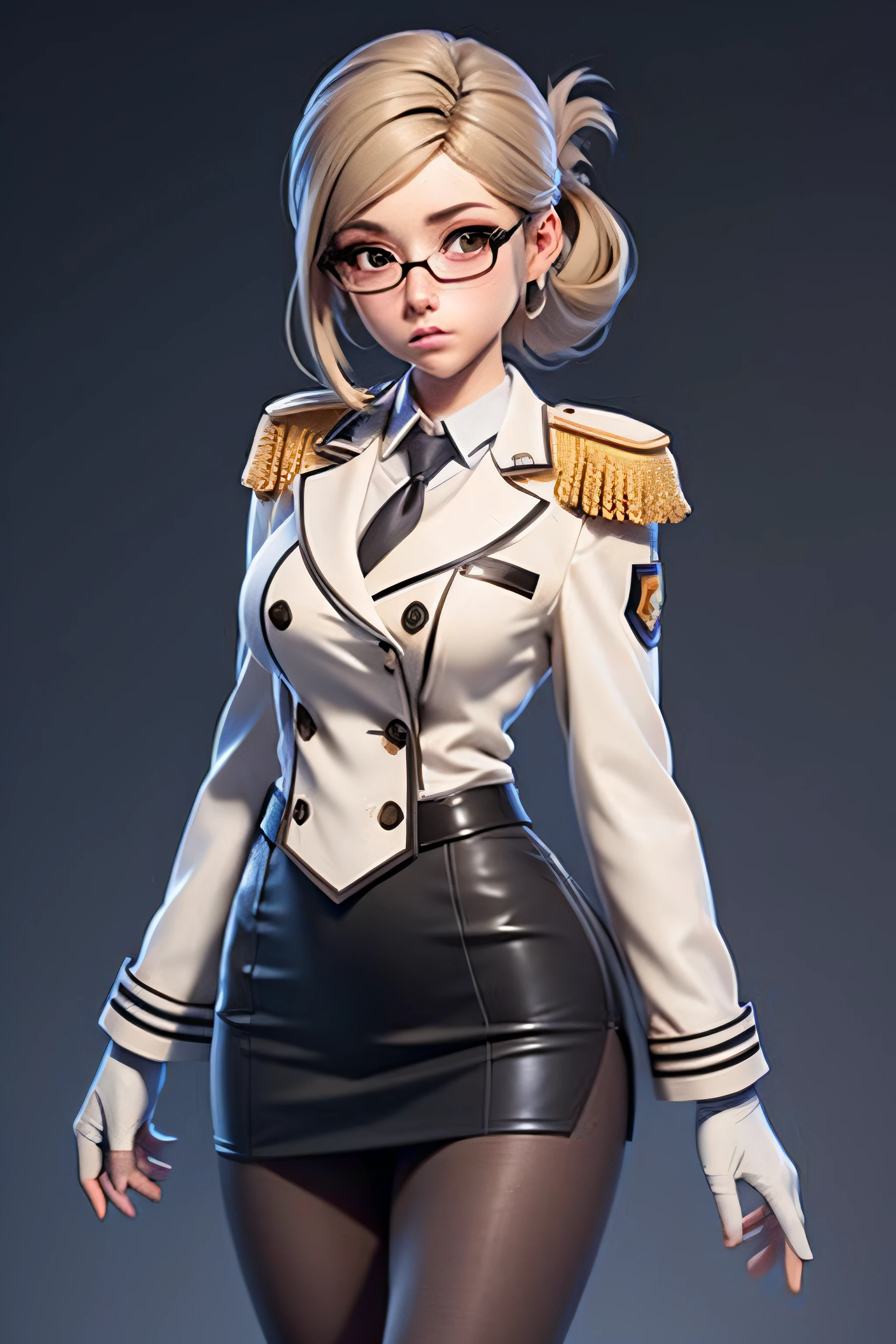 3dmm style,(masterpiece, top quality, best quality, official art, beautiful and aesthetic:1.2), (fractal art:1.3), 1girl, hair up, katori, glasses, white gloves, beautiful, high detailed, dark lighting, serious face, looking the sky, sky, medium shot, military uniform, skirt suit, grey dress shirt, necktie, white blazer, suit jacket, bodycon miniskirt, pencil skirt, epaulettes, shirt cuffs, tights, pantyhose