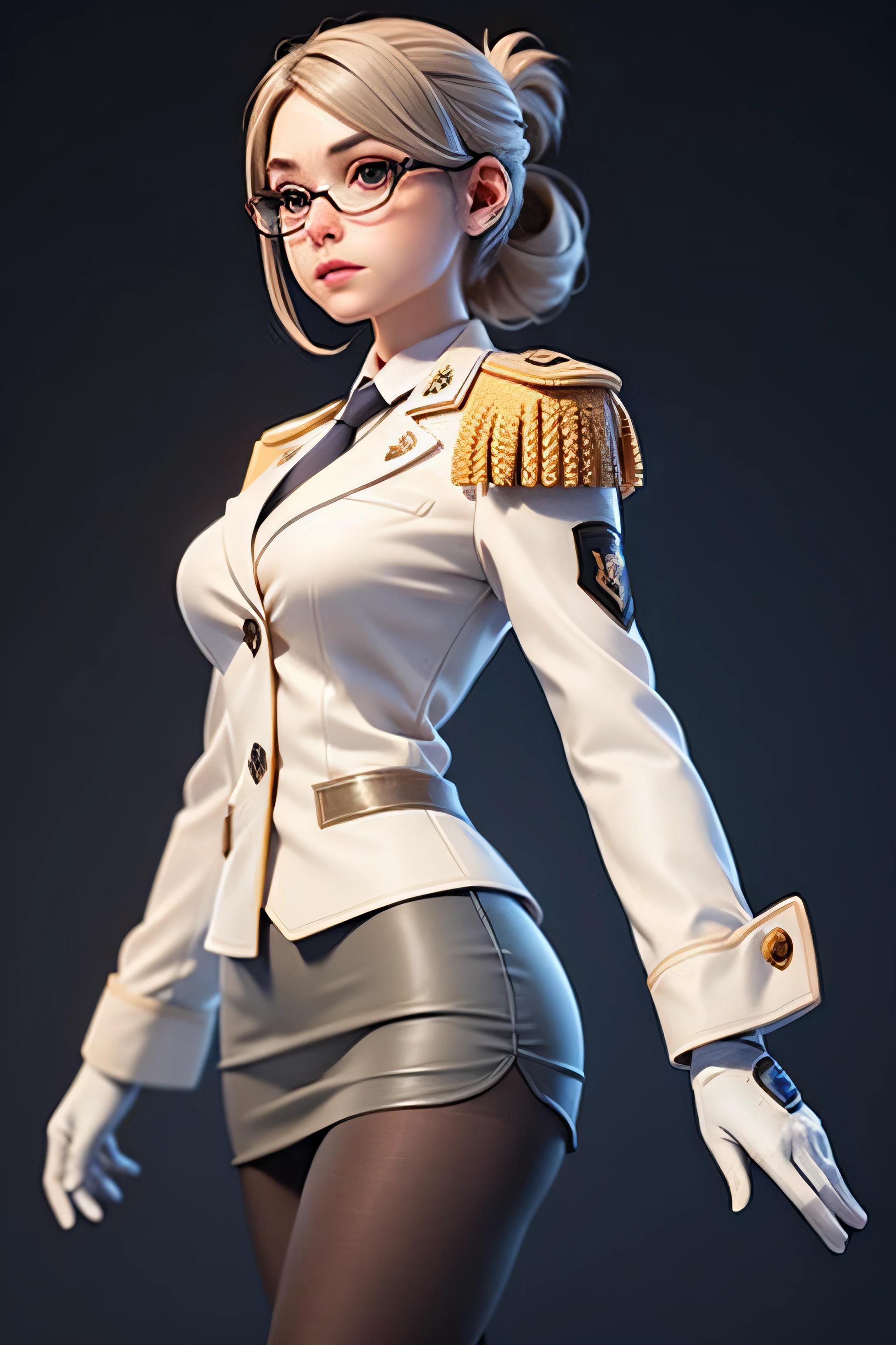 3dmm style,(masterpiece, top quality, best quality, official art, beautiful and aesthetic:1.2), (fractal art:1.3), 1girl, hair up, katori, glasses, white gloves, beautiful, high detailed, dark lighting, serious face, looking the sky, sky, medium shot, military uniform, skirt suit, grey dress shirt, necktie, white blazer, suit jacket, bodycon miniskirt, pencil skirt, epaulettes, shirt cuffs, tights, pantyhose