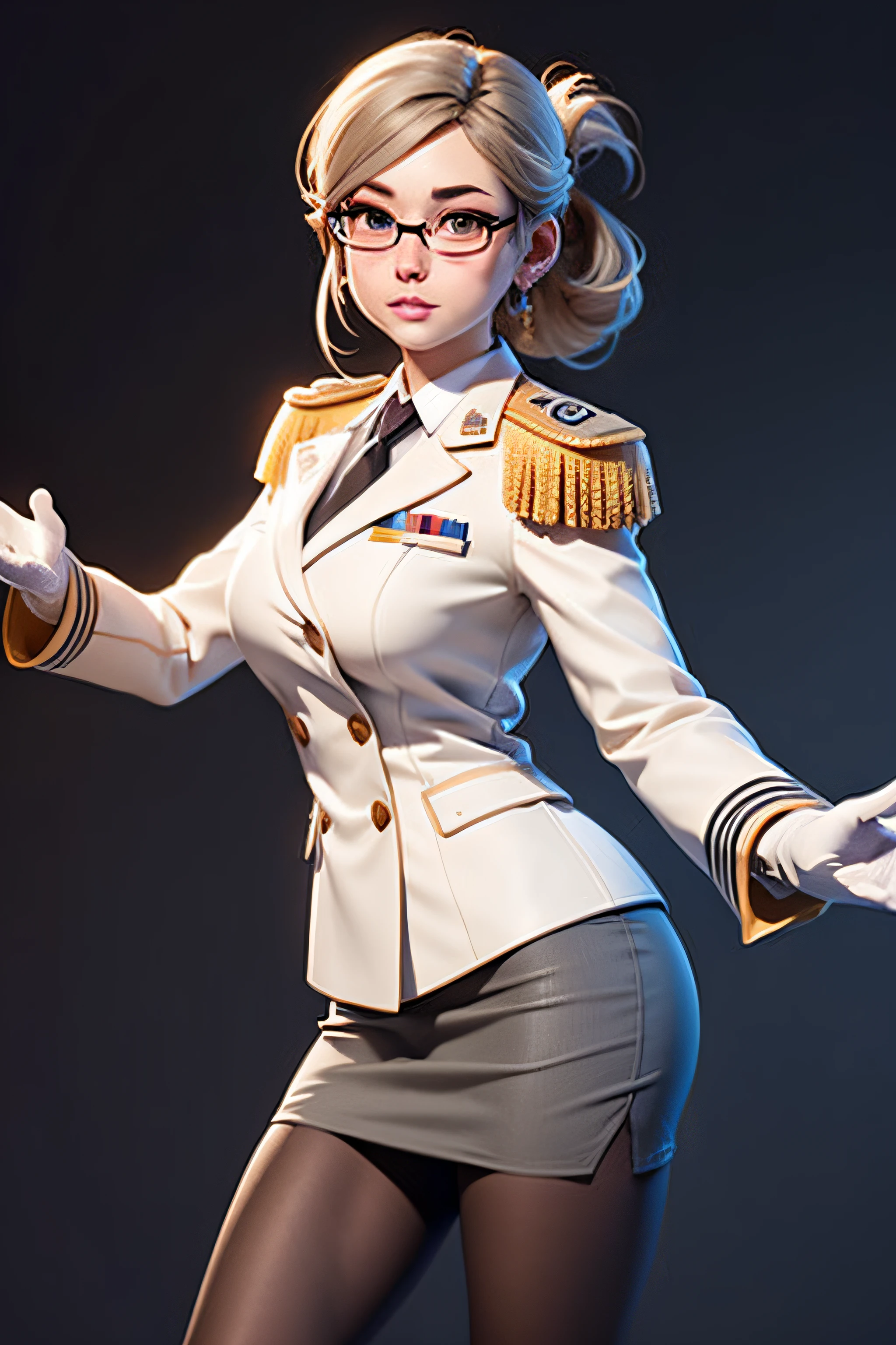 3dmm style,(masterpiece, top quality, best quality, official art, beautiful and aesthetic:1.2), (fractal art:1.3), 1girl, hair up, katori, glasses, white gloves, beautiful, high detailed, dark lighting, serious face, looking the sky, sky, medium shot, military uniform, skirt suit, grey dress shirt, necktie, white blazer, suit jacket, bodycon miniskirt, pencil skirt, epaulettes, shirt cuffs, tights, pantyhose