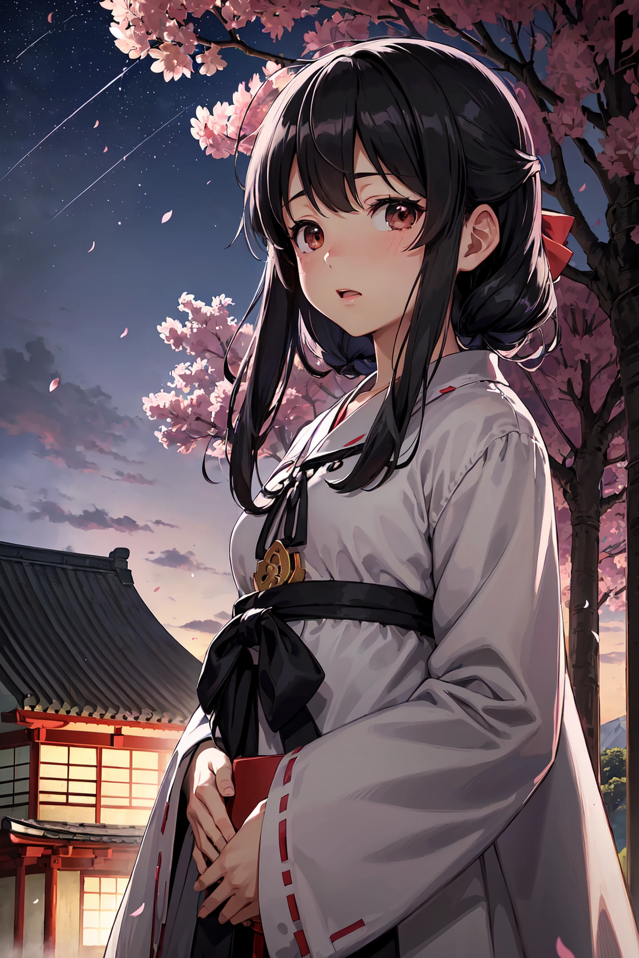 (Best Quality, masutepiece),(1girl in, shrine maiden, coat, Facial expression face, Black eyes, view front ,Black hair, Walking, Upper body), (Stray Sky at night, Huge old tree behind, Pink petals that shine on the back fall, Shrine behind, mountain background, Blowing wind, Meteor clouds)