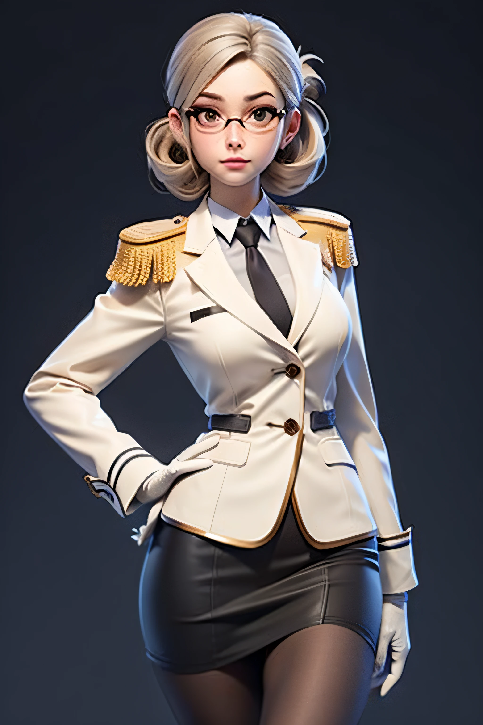 3dmm style,(masterpiece, top quality, best quality, official art, beautiful and aesthetic:1.2), (fractal art:1.3), 1girl, hair up, katori, glasses, white gloves, beautiful, high detailed, dark lighting, serious face, looking the sky, sky, medium shot, military uniform, skirt suit, grey dress shirt, necktie, white blazer, suit jacket, bodycon miniskirt, pencil skirt, epaulettes, shirt cuffs, tights, pantyhose