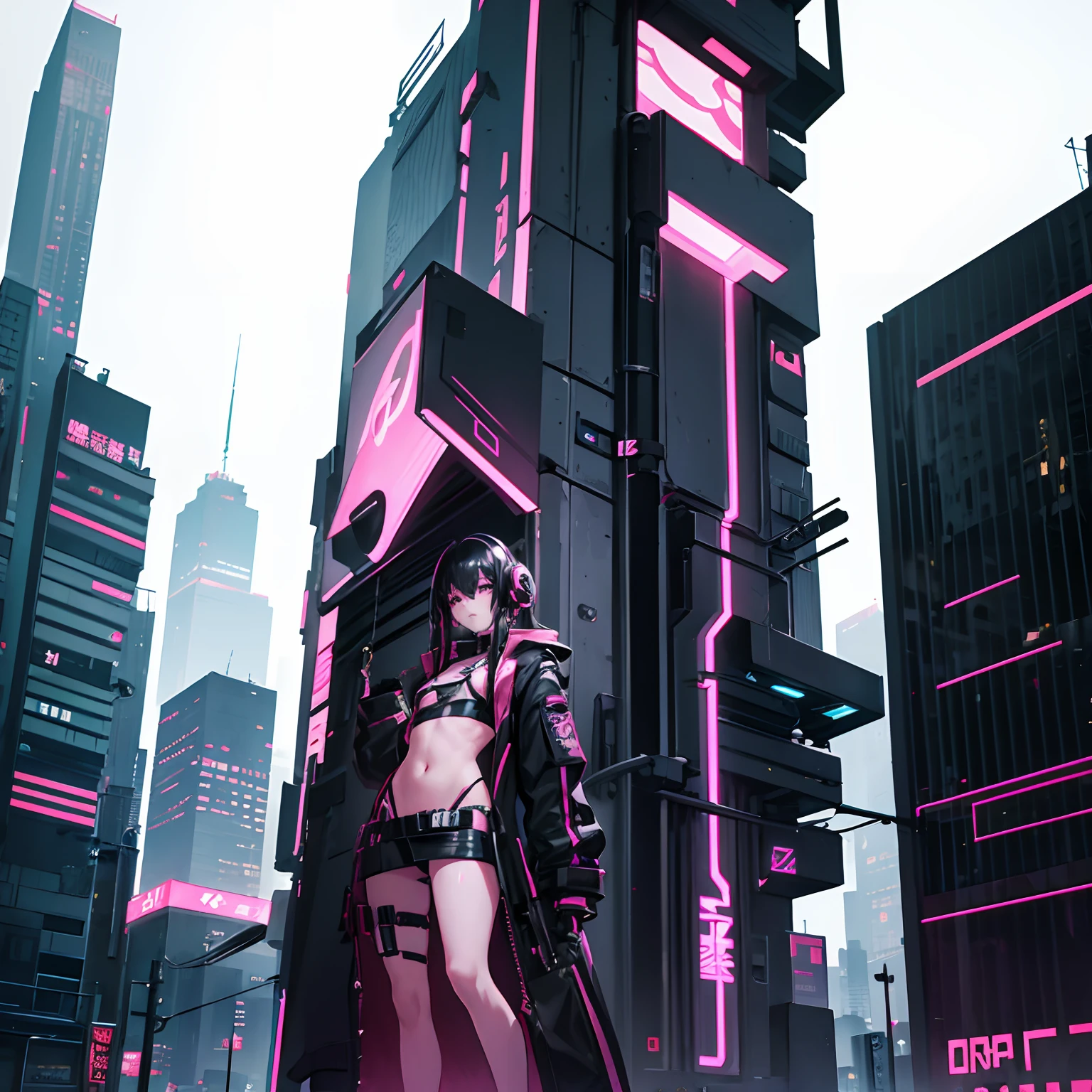 Cyberpunk, Cyberpunk Anime, Femboy, Cyberpunk Femboy, Long Jacket, Black hair, feminine hair, Pink Clothes, Black Clothes, white skin, no underwear, penis visible, flat chest, 1 boy, girly boy, headphones,