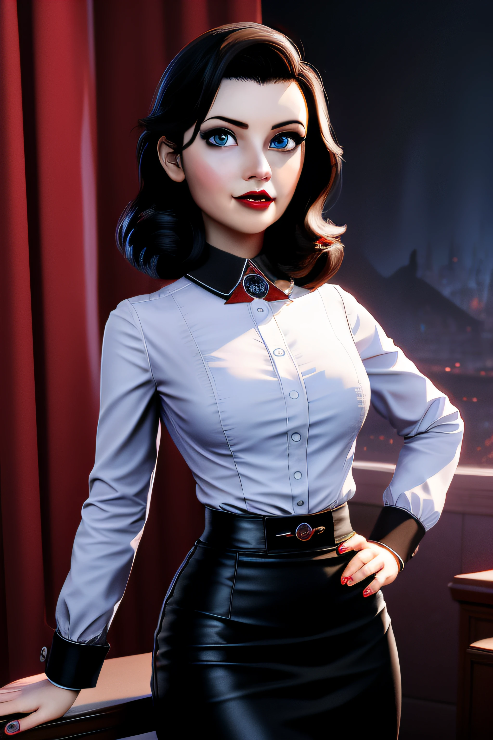 3dmm style,(masterpiece, top quality, best quality, official art, beautiful and aesthetic:1.2), (fractal art:1.3), 1girl, elizabeth comstock, red lipstick, shirt, pencil skirt, beautiful, high detailed, dark lighting, serious face, looking the sky, sky, medium shot,