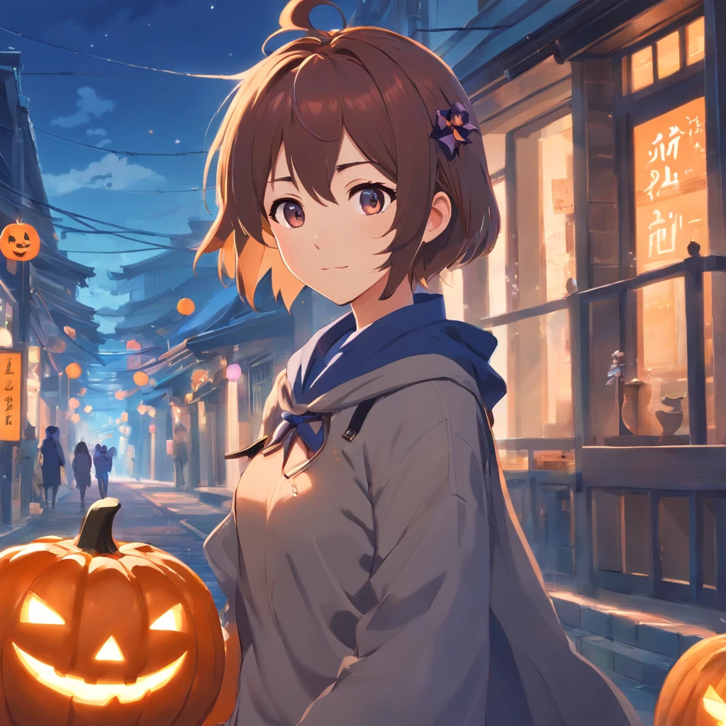obra maestra, mejor calidad, mujer de Genshin impact disfrazada por la festividad de Halloween semi realista de pechos grandes y adorable