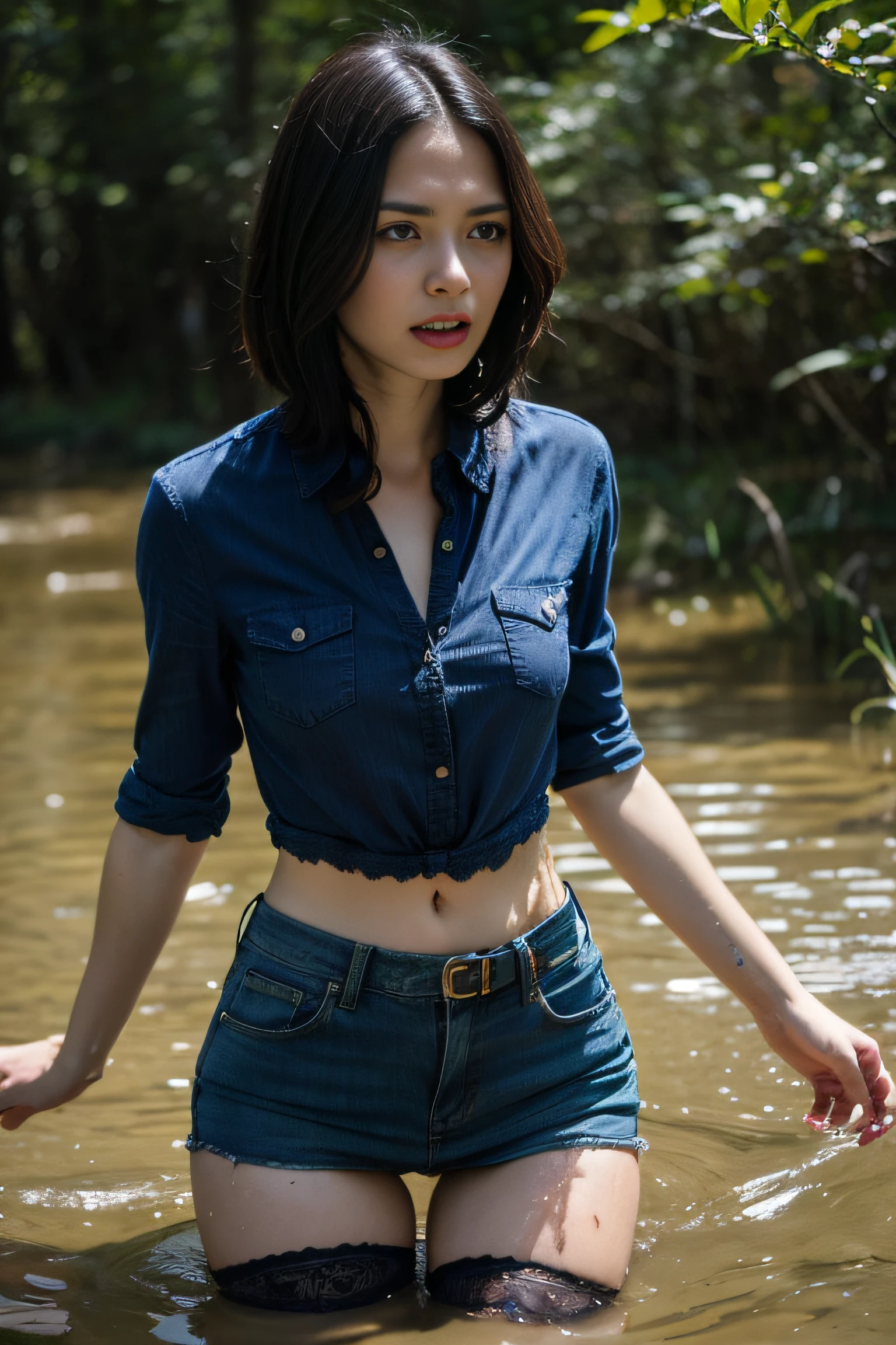 Photorealistic Art of the Tragic Death of a European Woman (in a denim skirt, blouse, and lace stockings with garters:1.2). Bob haircut, elongated face,,,,,,(Pronounced wrinkles:1.2). (She's drowning in a murky swamp:1.4), standingn, Filled with despair and sexual ecstasy. She revels in her tragic fate. shame. dramatic, tragic, death,Dramatic atmosphere. Humid air,twilight, (Psychological thriller:1.3)