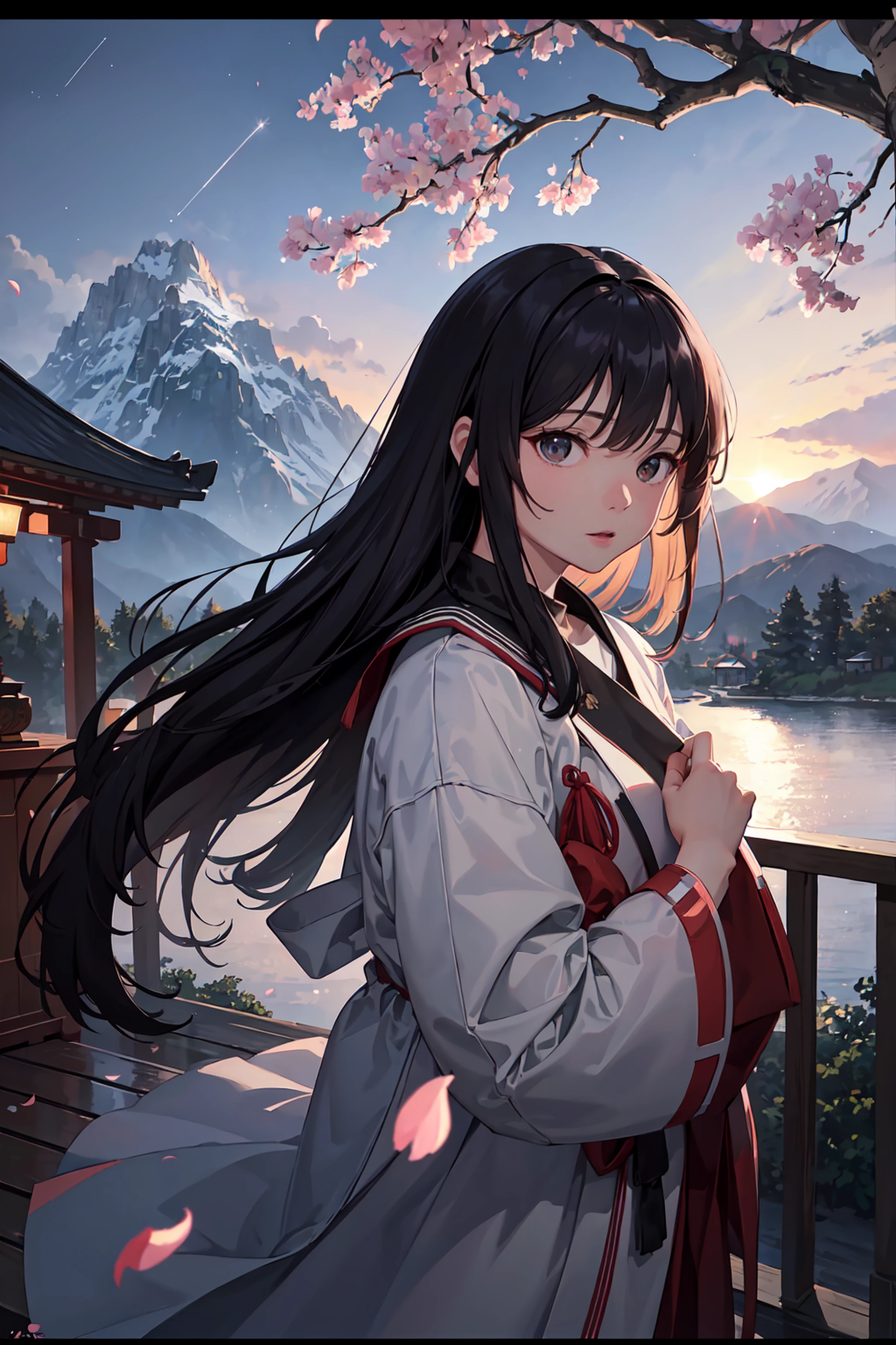 (best quality, masterpiece:1.2),ultra-detailed,realistic,photorealistic:1.37, HDR,UHD,studio lighting,ultra-fine painting,sharp focus,physically-based rendering,extreme detail description,professional,vivid colors,bokeh, portraits,anime, landscape, horror, photography, concept artists, vivid colors, bokeh, nighttime, (1girl, miko, cook coat, expressive face, black eyes, facing front, black hair, walking, upper body), (stray sky at night, giant old tree in the background, falling pink petals behind, shrine in the background, mountain landscape, blowing wind, shooting stars)