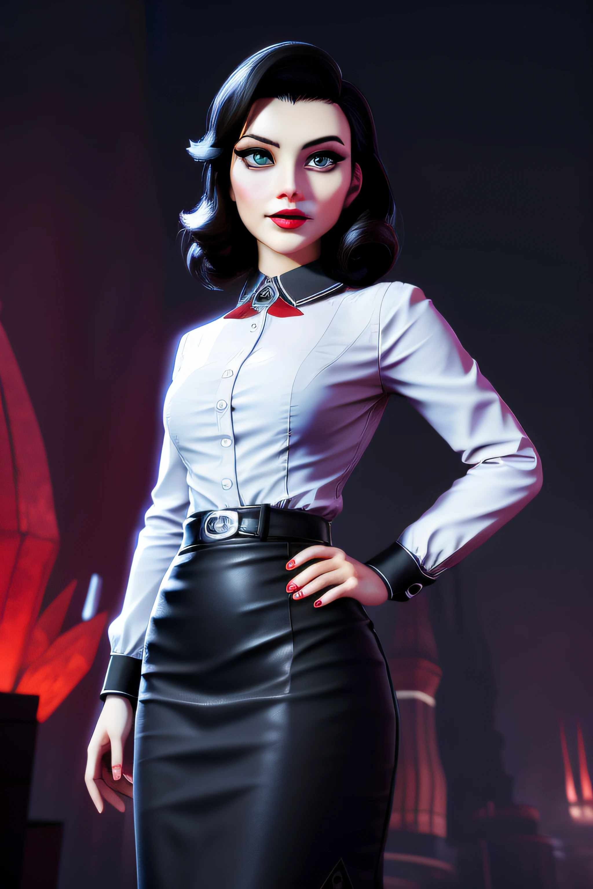 3dmm style,(masterpiece, top quality, best quality, official art, beautiful and aesthetic:1.2), (fractal art:1.3), 1girl, elizabeth comstock, red lipstick, shirt, pencil skirt, beautiful, high detailed, dark lighting, serious face, looking the sky, sky, medium shot,