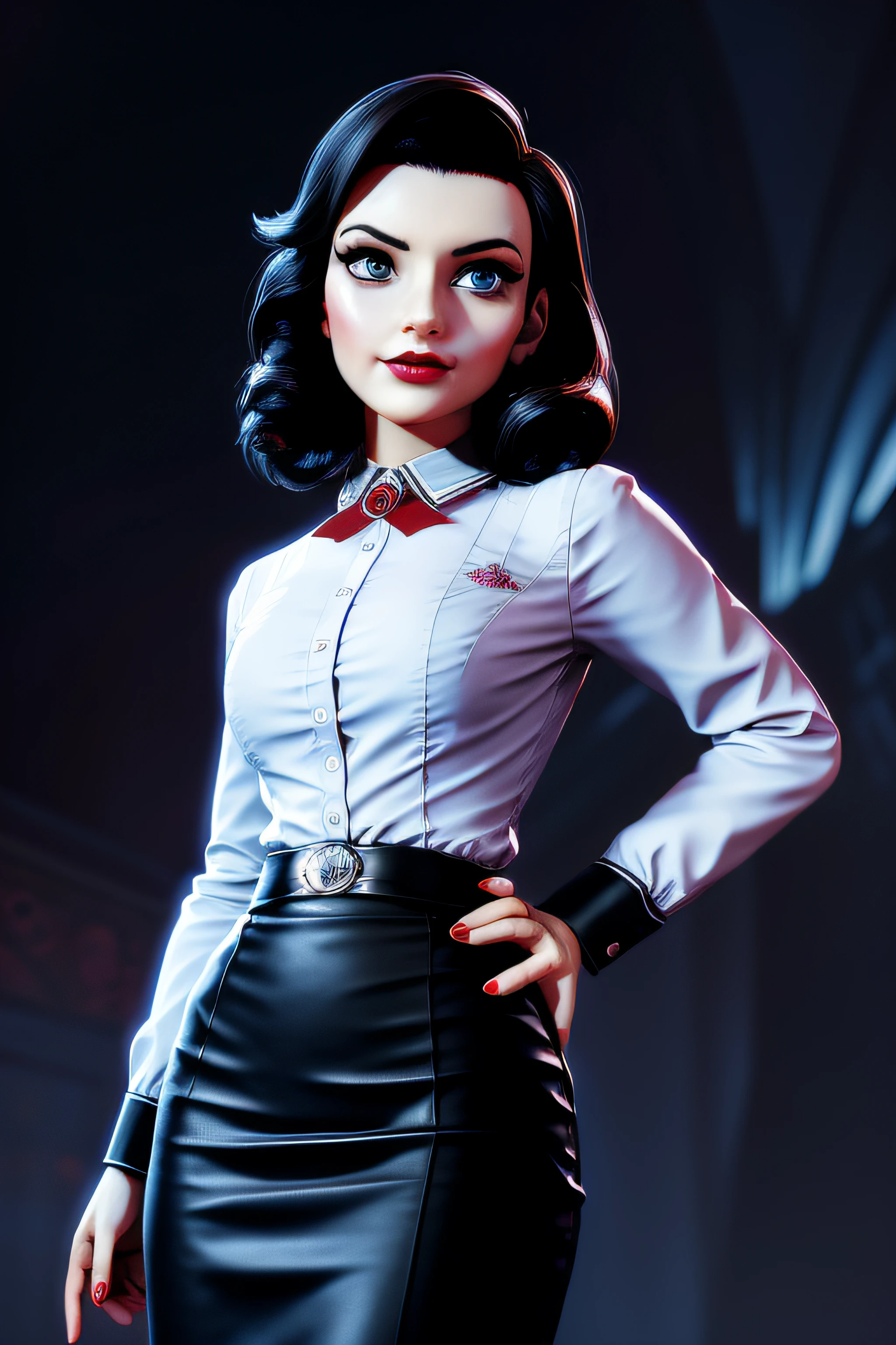 3dmm style,(masterpiece, top quality, best quality, official art, beautiful and aesthetic:1.2), (fractal art:1.3), 1girl, elizabeth comstock, red lipstick, shirt, pencil skirt, beautiful, high detailed, dark lighting, serious face, looking the sky, sky, medium shot,