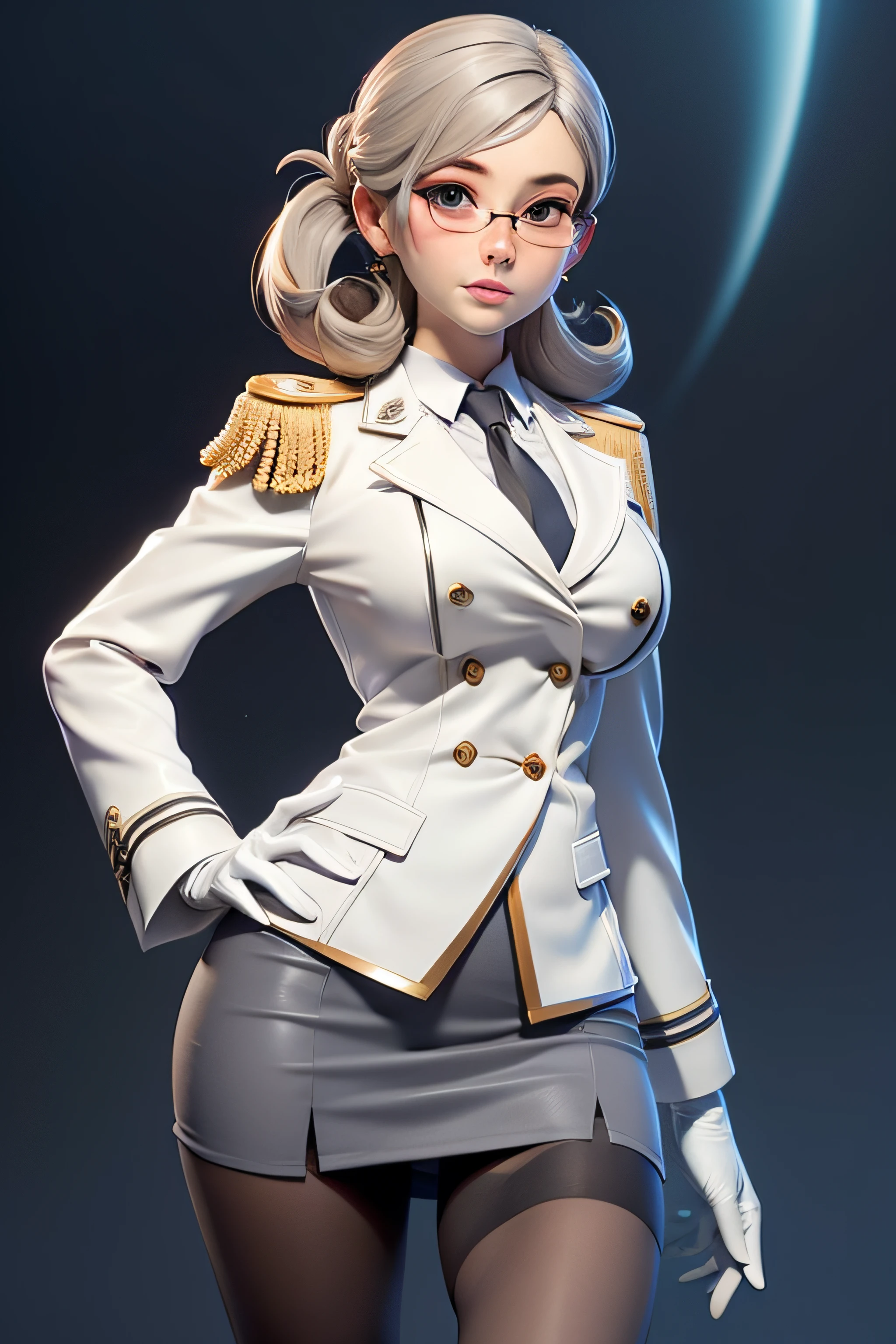 3dmm style,(masterpiece, top quality, best quality, official art, beautiful and aesthetic:1.2), (fractal art:1.3), 1girl, hair rings, katori, glasses, white gloves, beautiful, high detailed, dark lighting, serious face, looking the sky, sky, medium shot, military uniform, skirt suit, grey dress shirt, necktie, white blazer, suit jacket, bodycon miniskirt, pencil skirt, epaulettes, shirt cuffs, tights, pantyhose