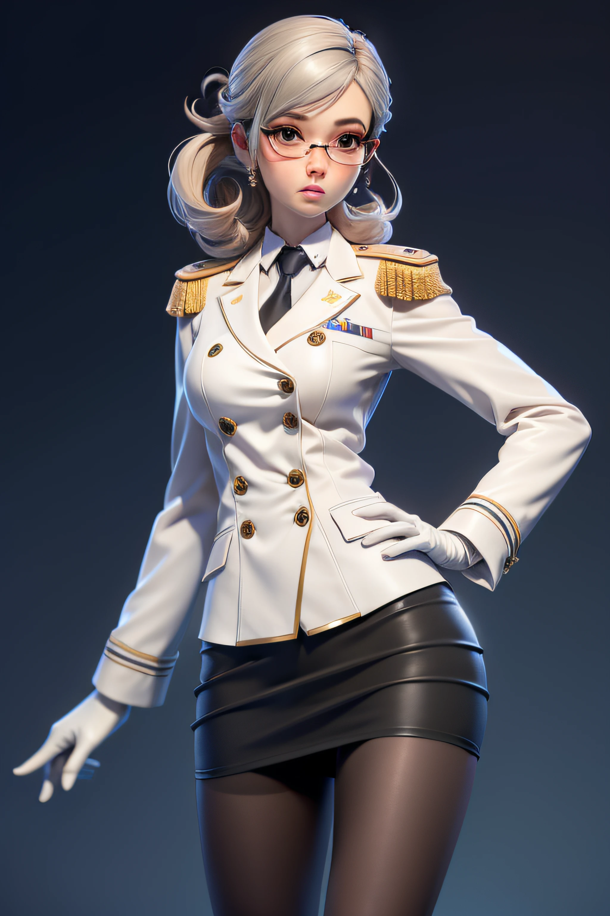 3dmm style,(masterpiece, top quality, best quality, official art, beautiful and aesthetic:1.2), (fractal art:1.3), 1girl, hair rings, katori, glasses, white gloves, beautiful, high detailed, dark lighting, serious face, looking the sky, sky, medium shot, military uniform, skirt suit, grey dress shirt, necktie, white blazer, suit jacket, bodycon miniskirt, pencil skirt, epaulettes, shirt cuffs, tights, pantyhose